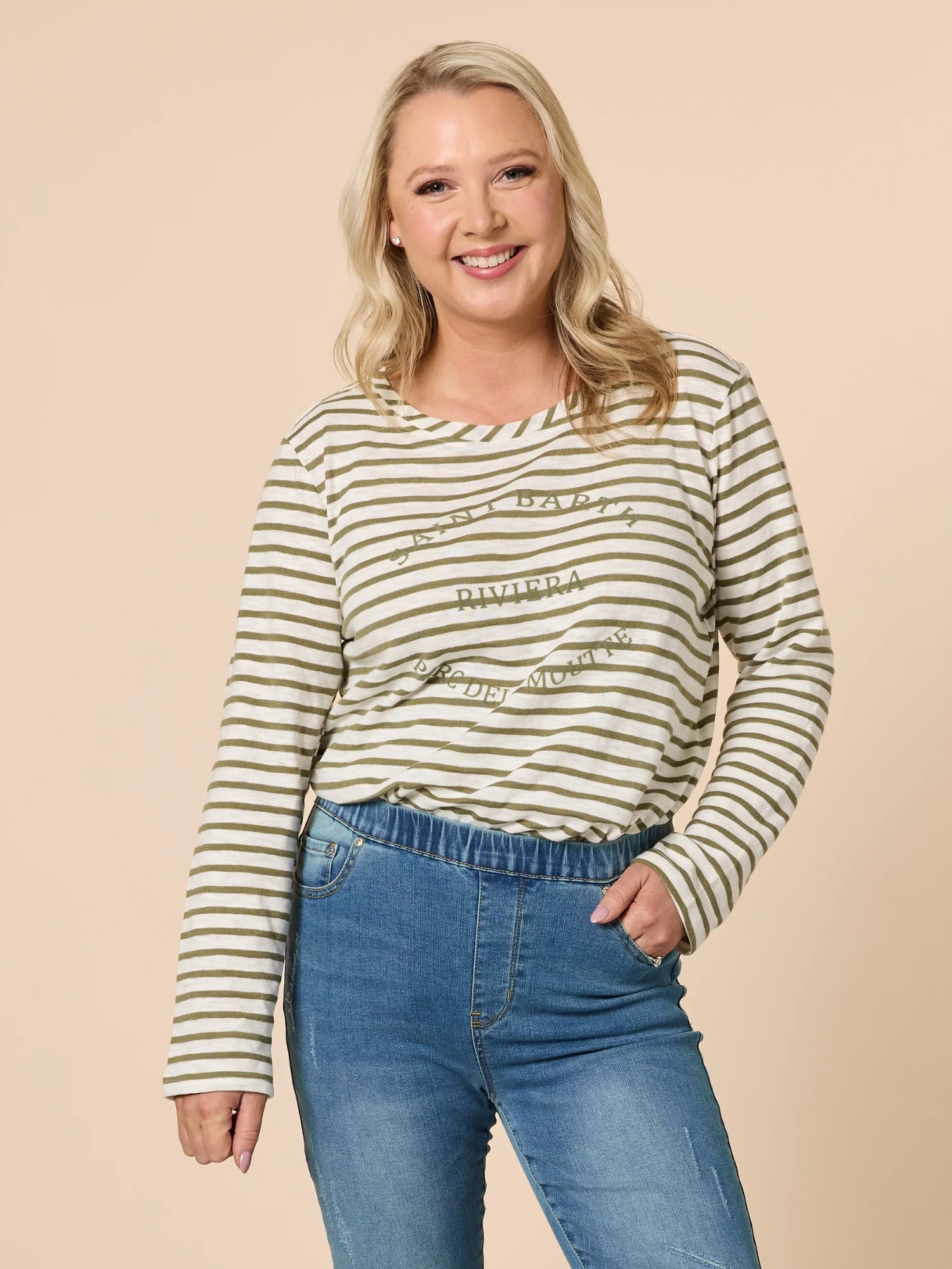 Riviera Stripe Print Long Sleeve Tee - Khaki/White - Image 8