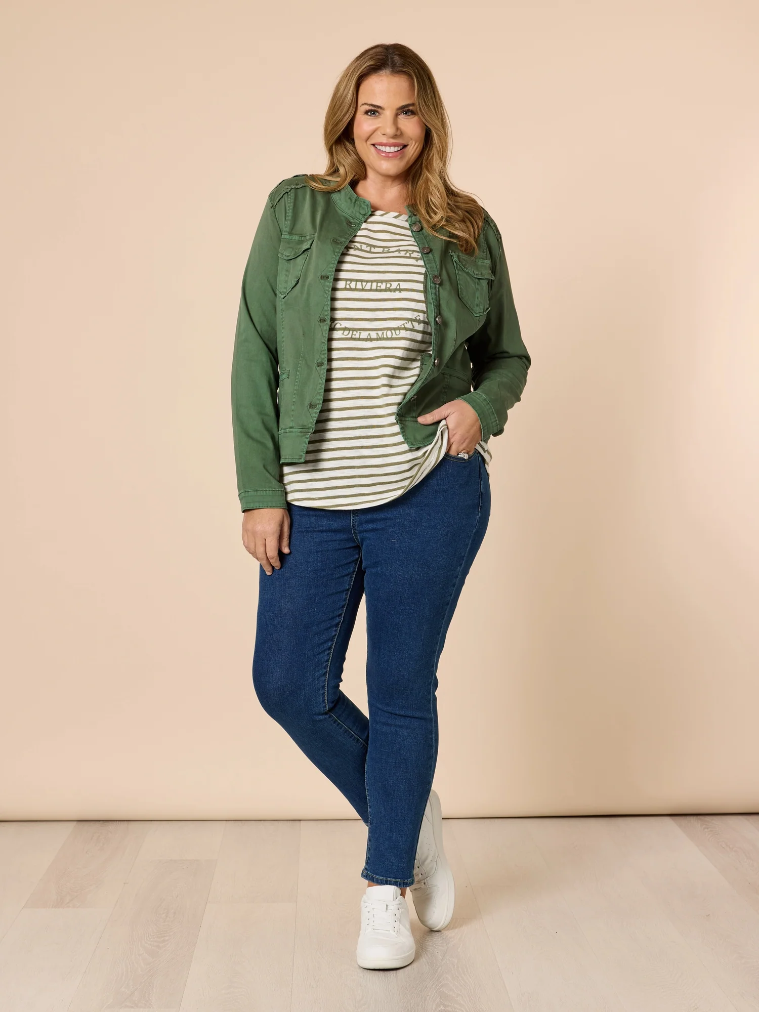 Riviera Stripe Print Long Sleeve Tee - Khaki/White - Image 9