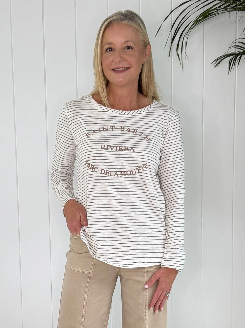 Riviera Long Sleeve Stripe Print Tee - Natural/White - Image 10
