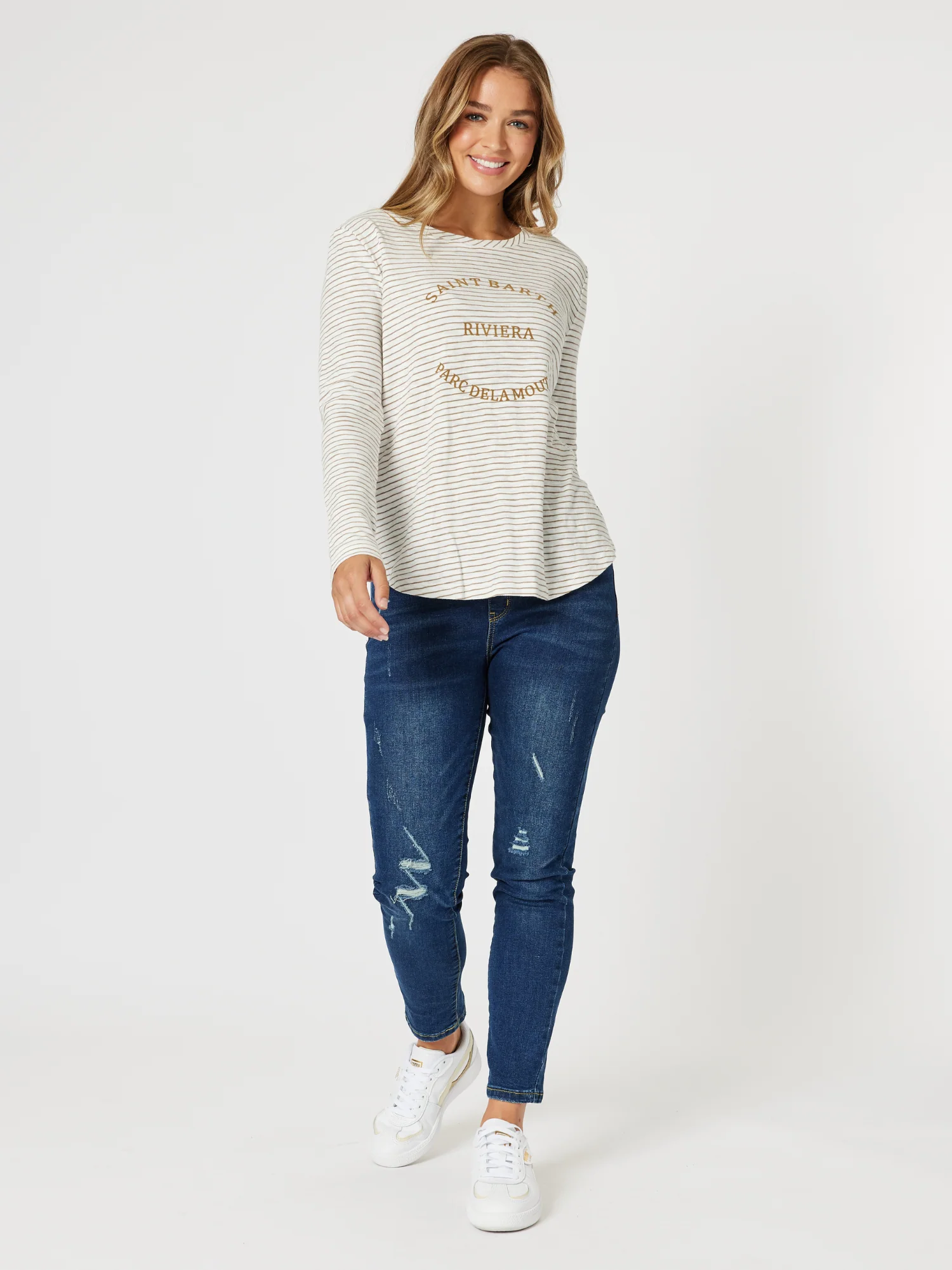 Riviera Long Sleeve Stripe Print Tee - Natural/White - Image 11