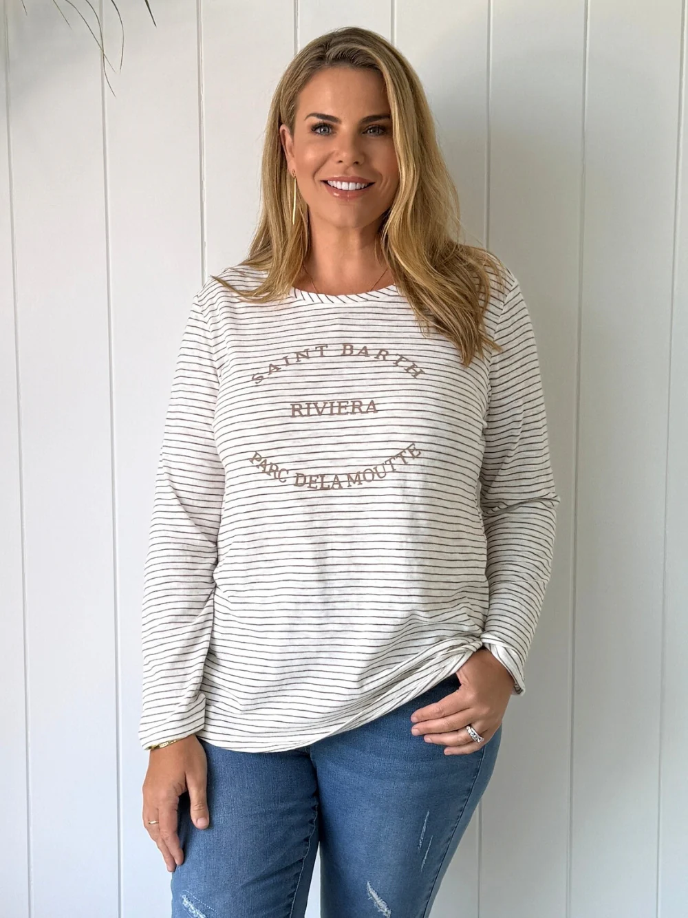 Riviera Long Sleeve Stripe Print Tee - Natural/White - Image 9