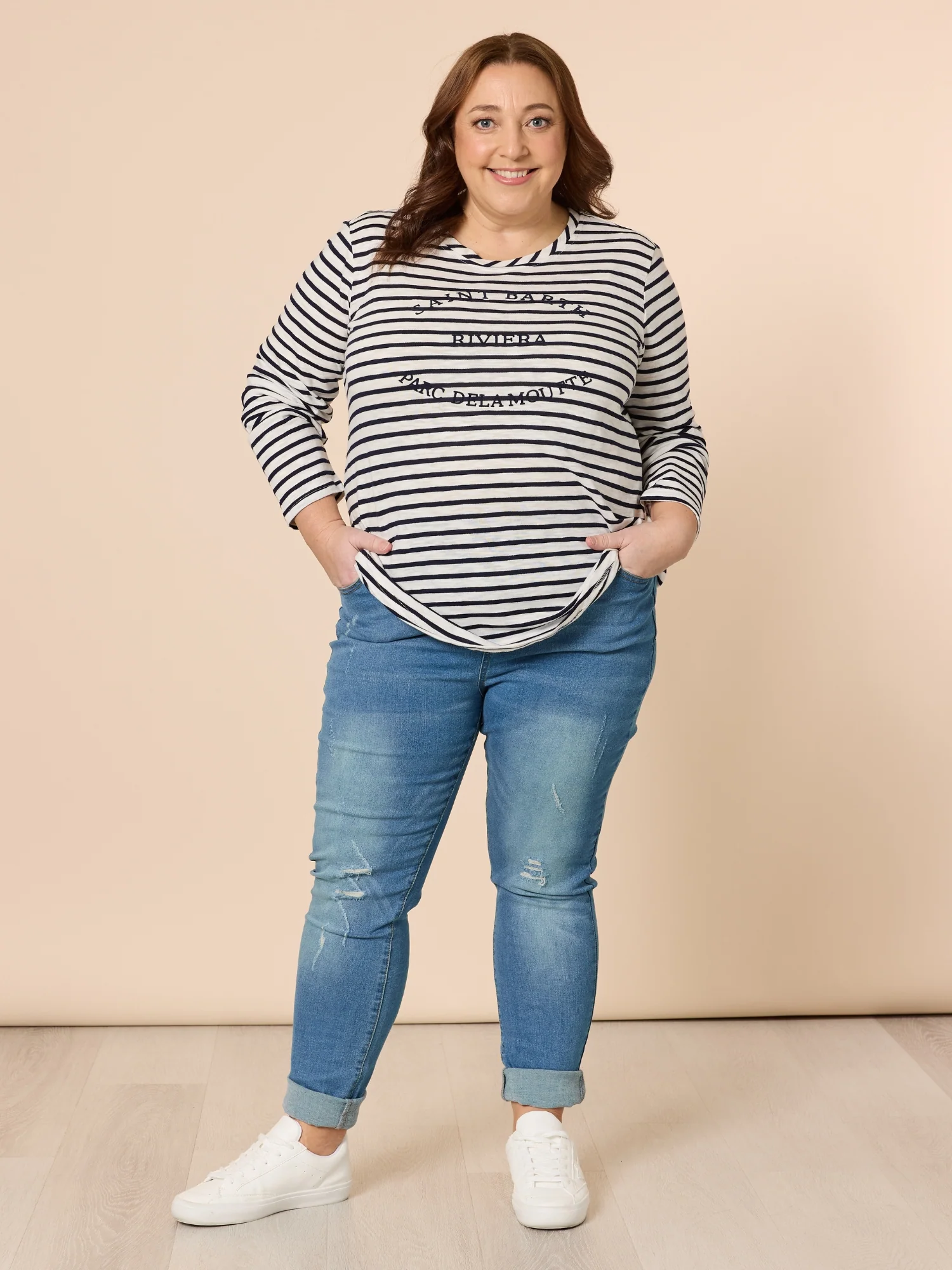 Riviera Stripe Print Long Sleeve Tee - Navy/White - Image 2