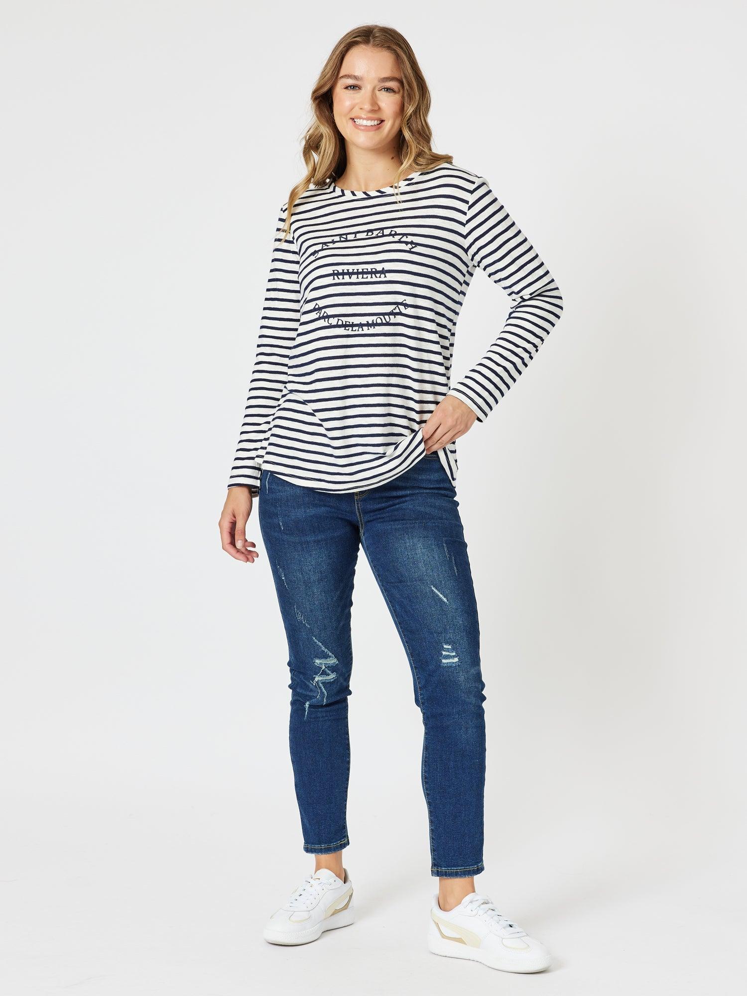 Riviera Stripe Print Long Sleeve Tee - Navy/White - Image 4