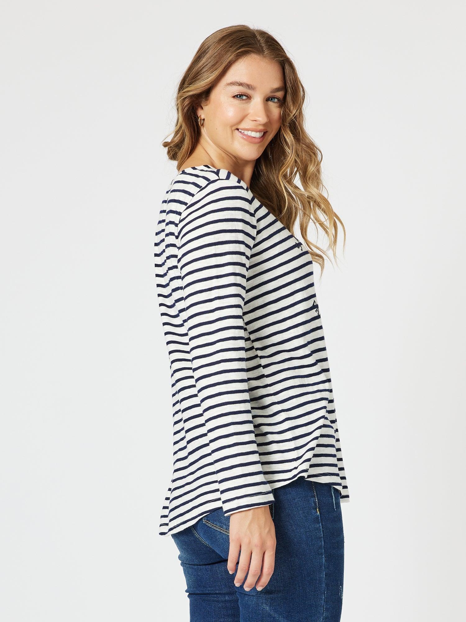 Riviera Stripe Print Long Sleeve Tee - Navy/White - Image 5