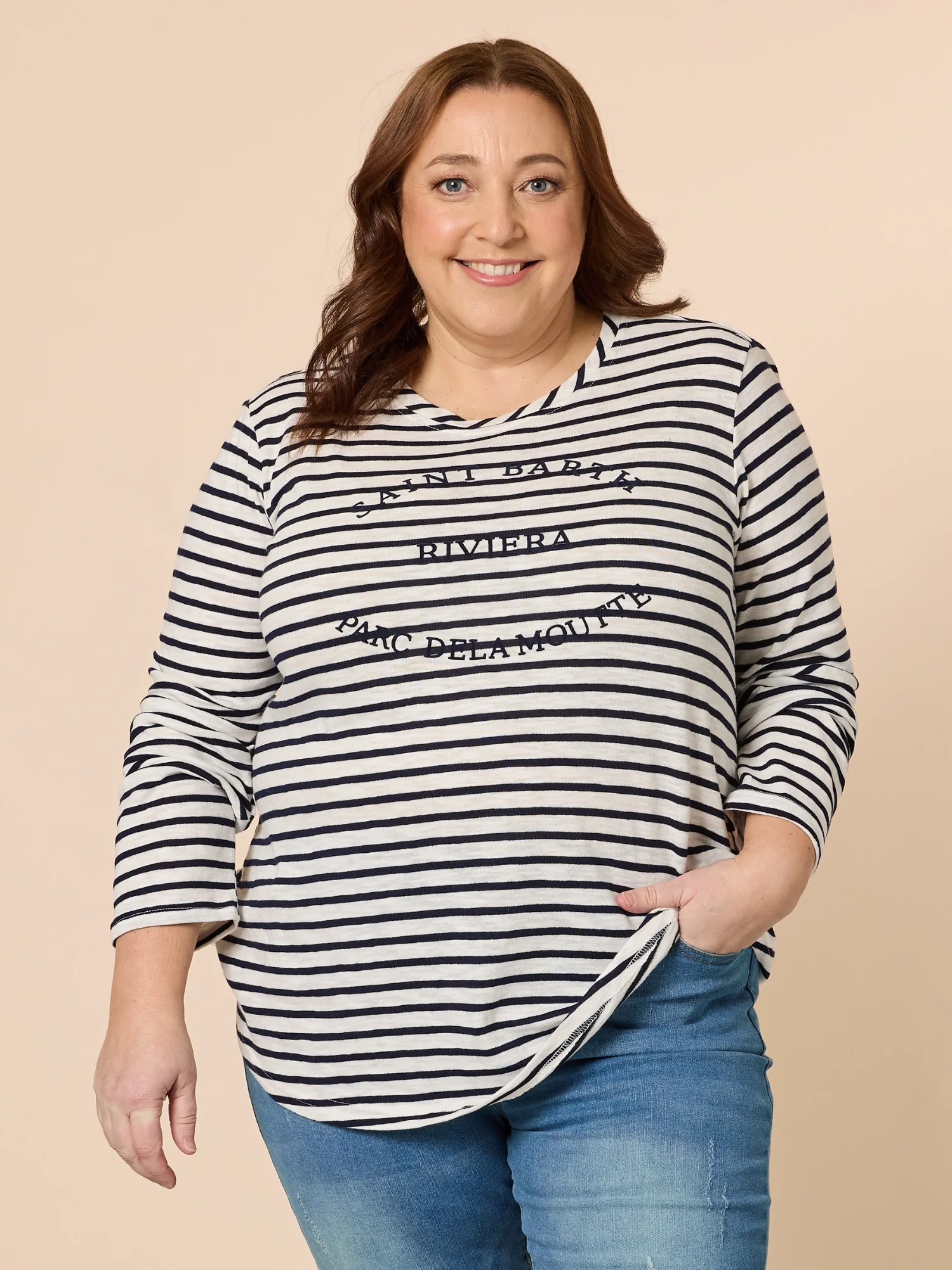 Riviera Stripe Print Long Sleeve Tee - Navy/White - Image 7