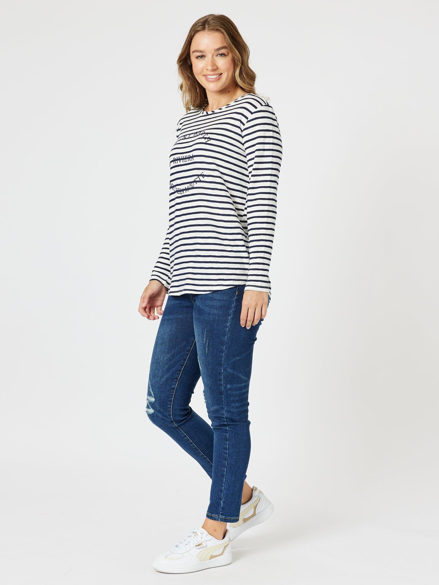 Riviera Stripe Print Long Sleeve Tee - Navy/White - Image 9
