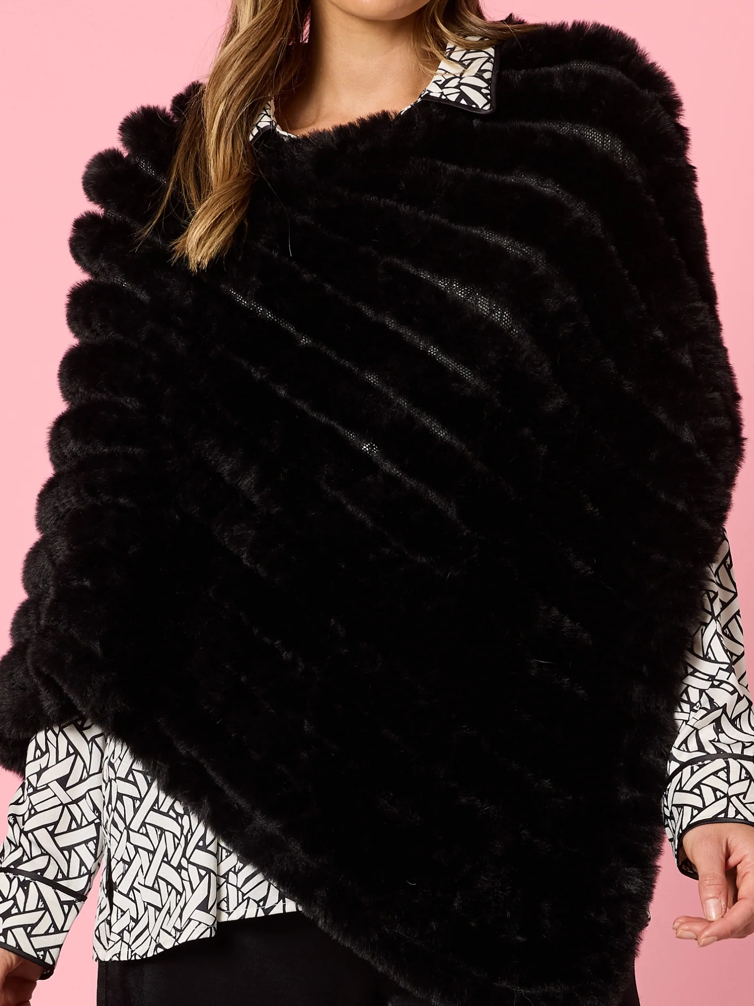 Roma Faux Fur Poncho - Black - Image 3
