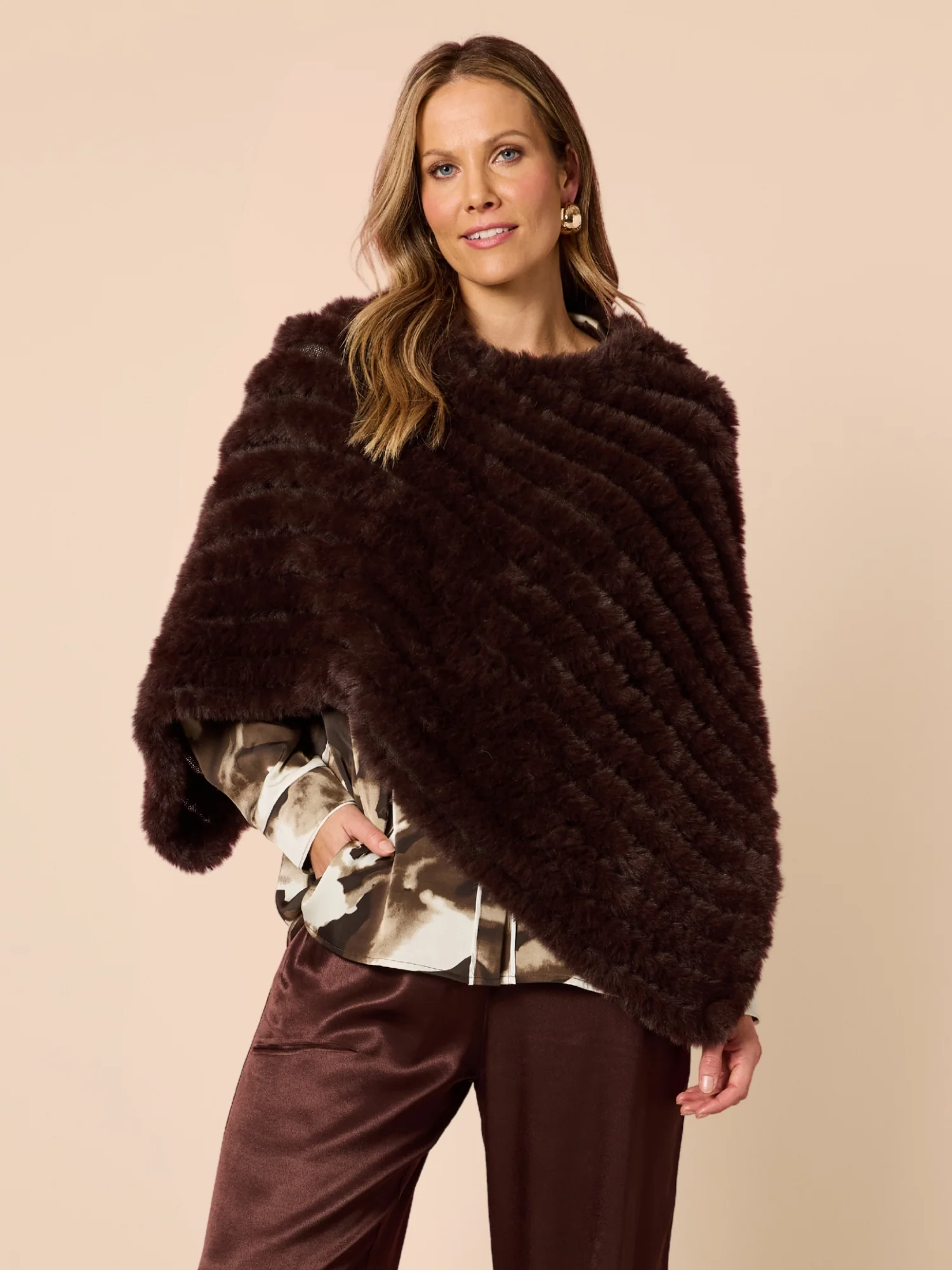 Roma Faux Fur Poncho - Espresso