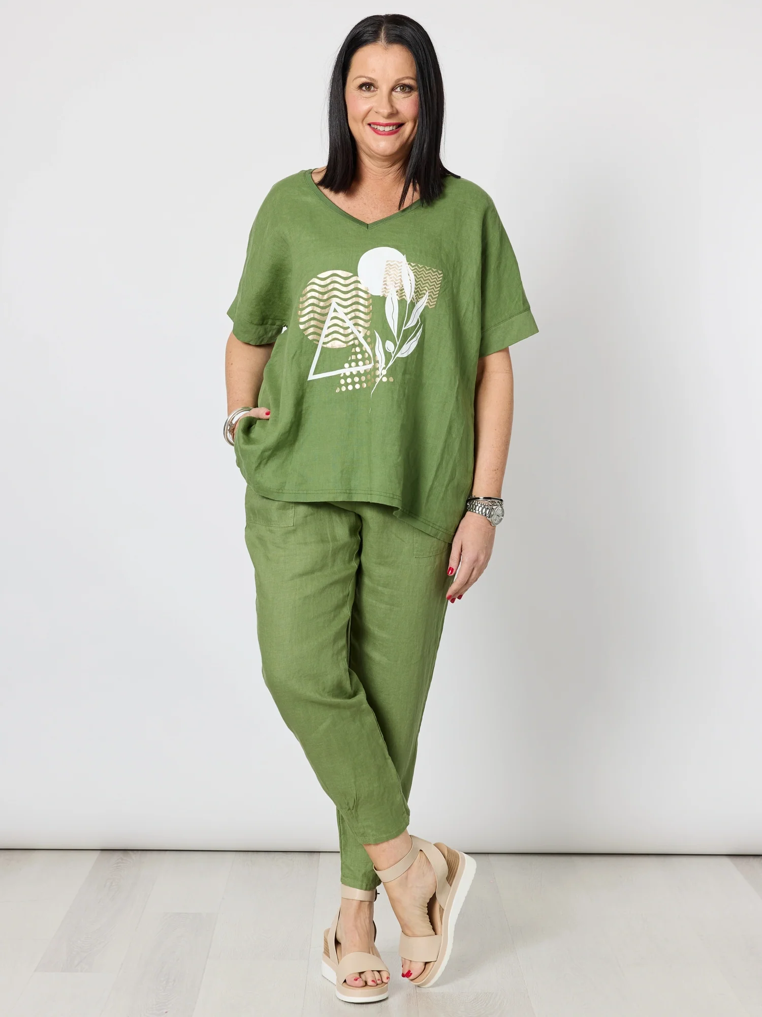 Sarah Linen Pleat Hem Pant - Basil - Image 3