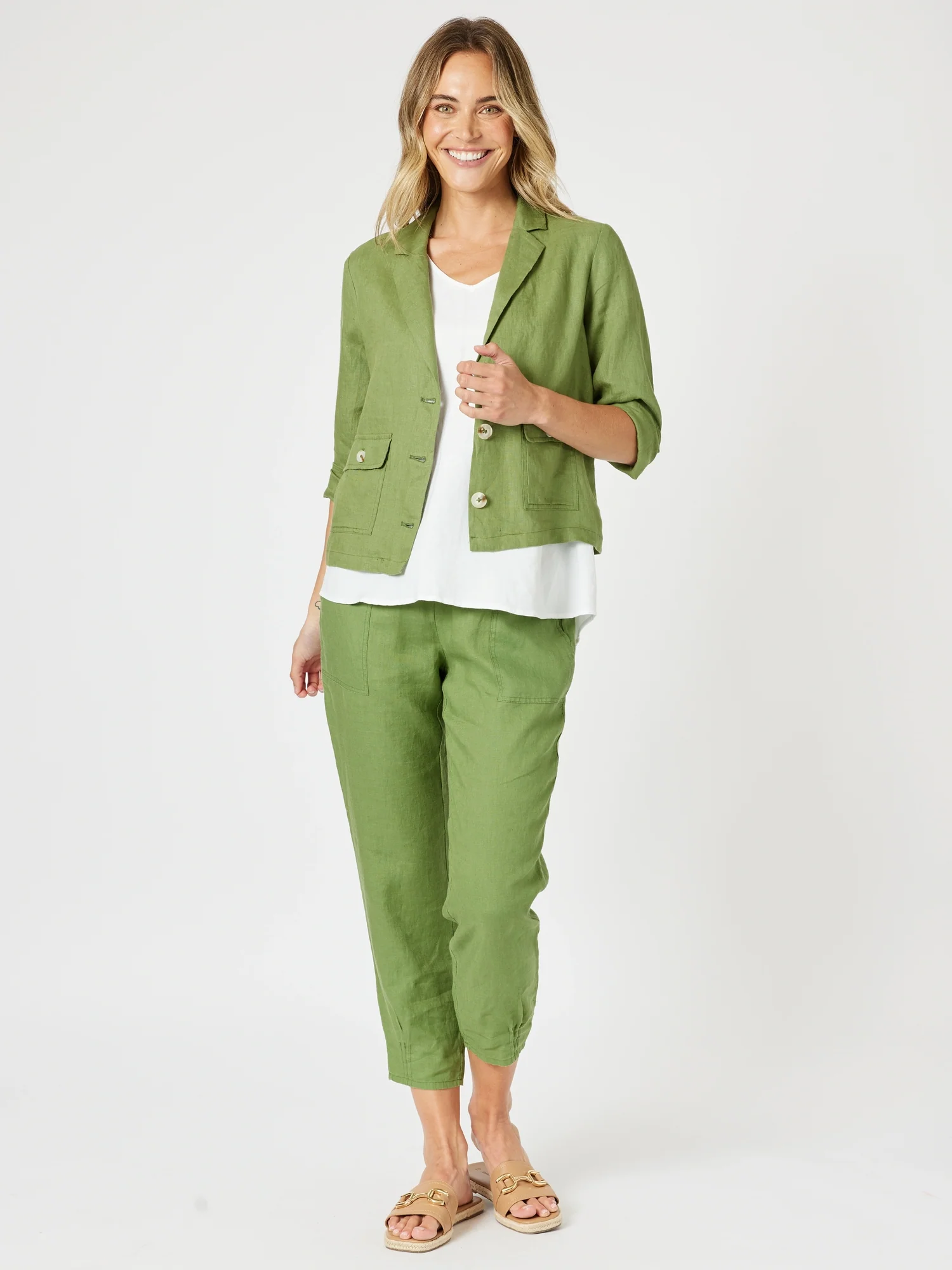 Sarah Linen Pleat Hem Pant - Basil - Image 9