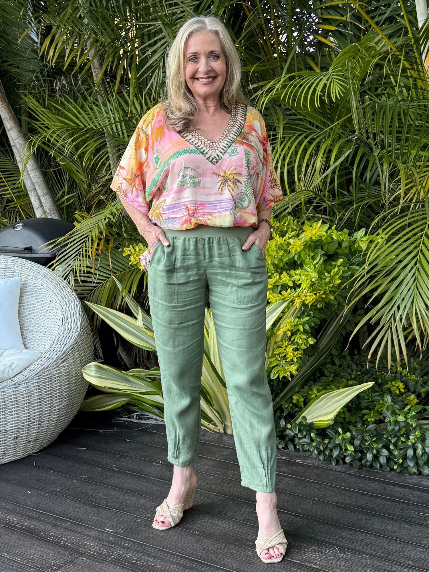 Sarah Linen Pleat Hem Pant - Khaki - Image 2