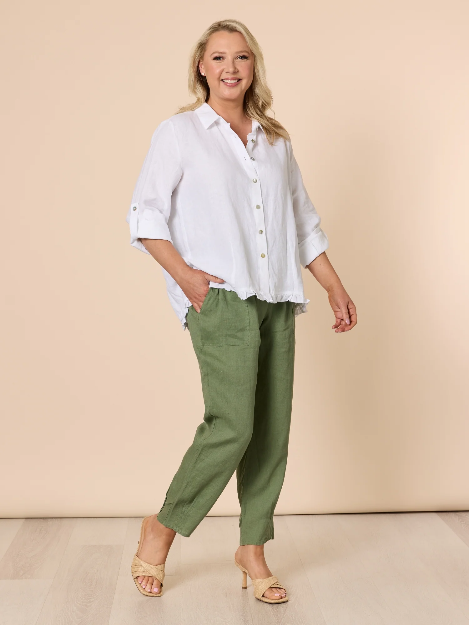 Sarah Linen Pleat Hem Pant - Khaki - Image 3