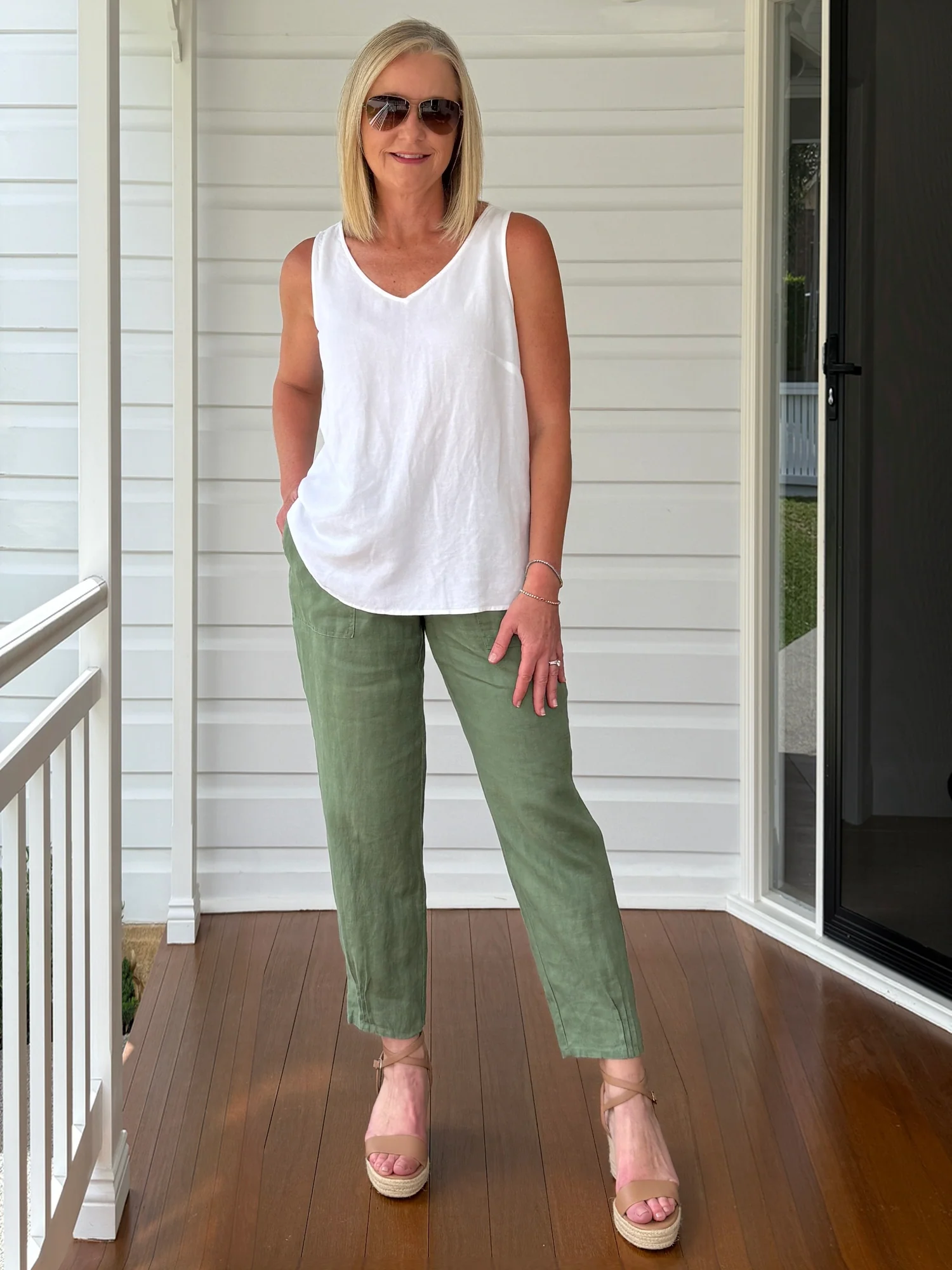 Sarah Linen Pleat Hem Pant - Khaki - Image 4