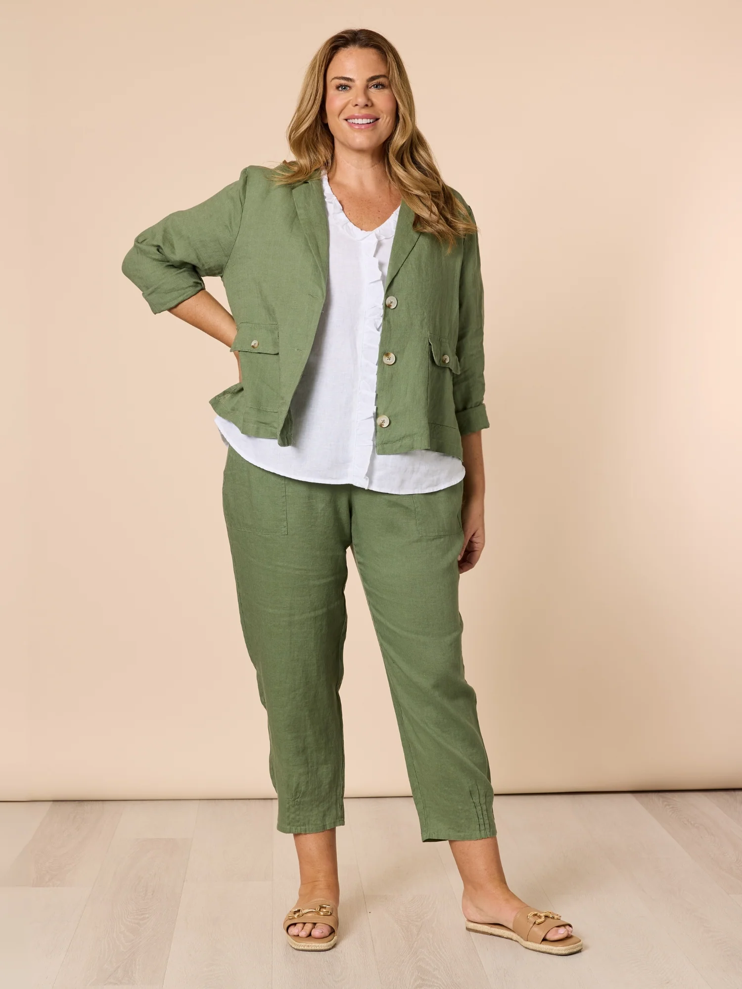 Sarah Linen Pleat Hem Pant - Khaki - Image 9