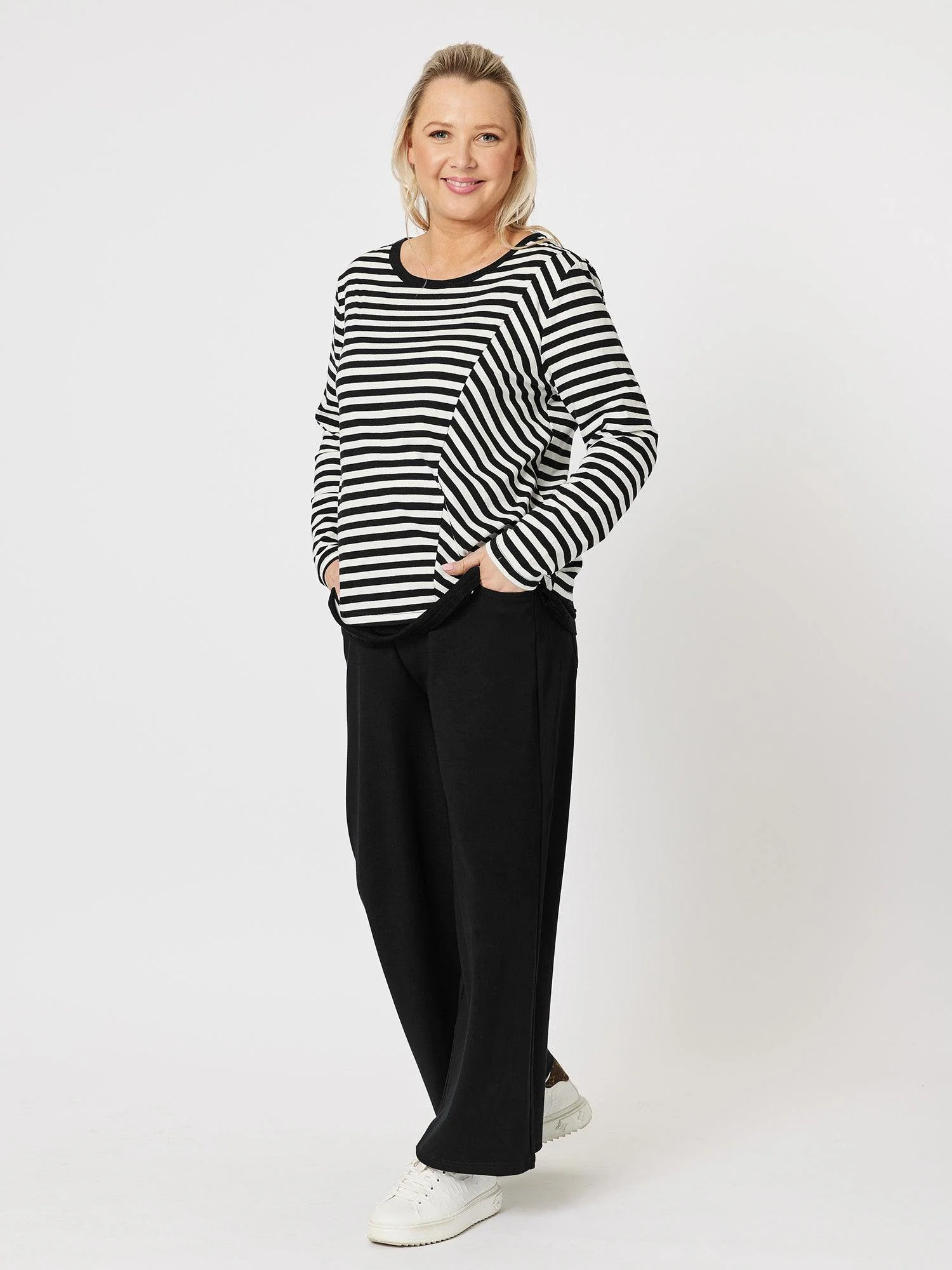 Sarah Stripe Long Sleeve Top - Black - Image 6