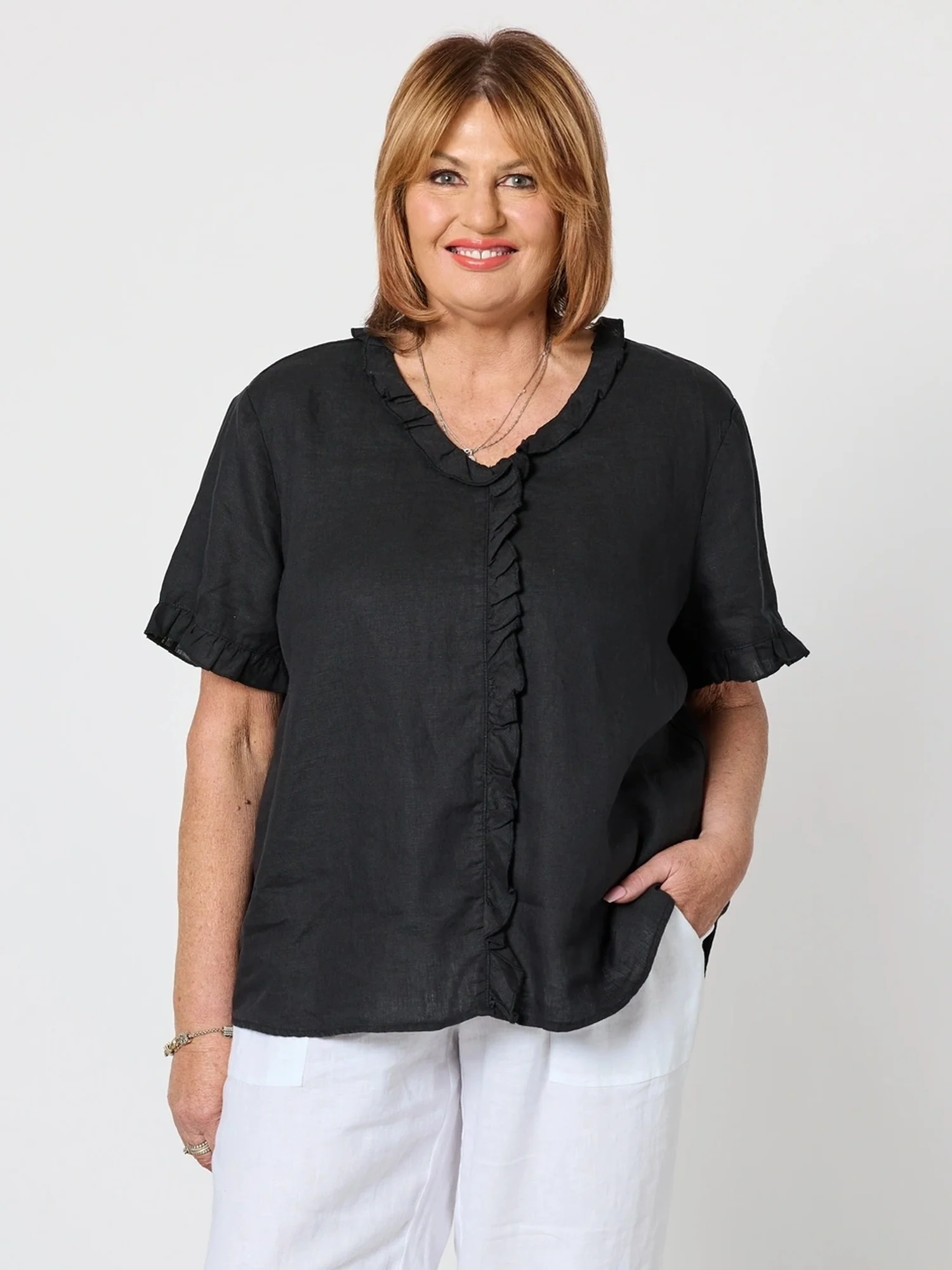 Tiffany Ruffle Linen Top - Black - Image 11