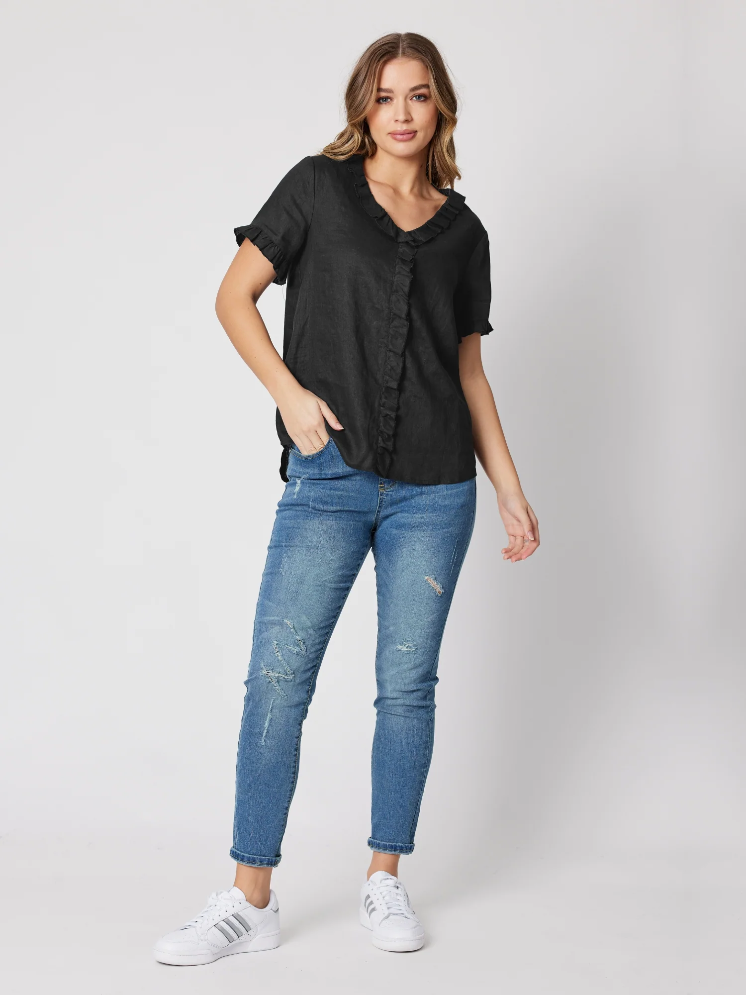 Tiffany Ruffle Linen Top - Black - Image 3
