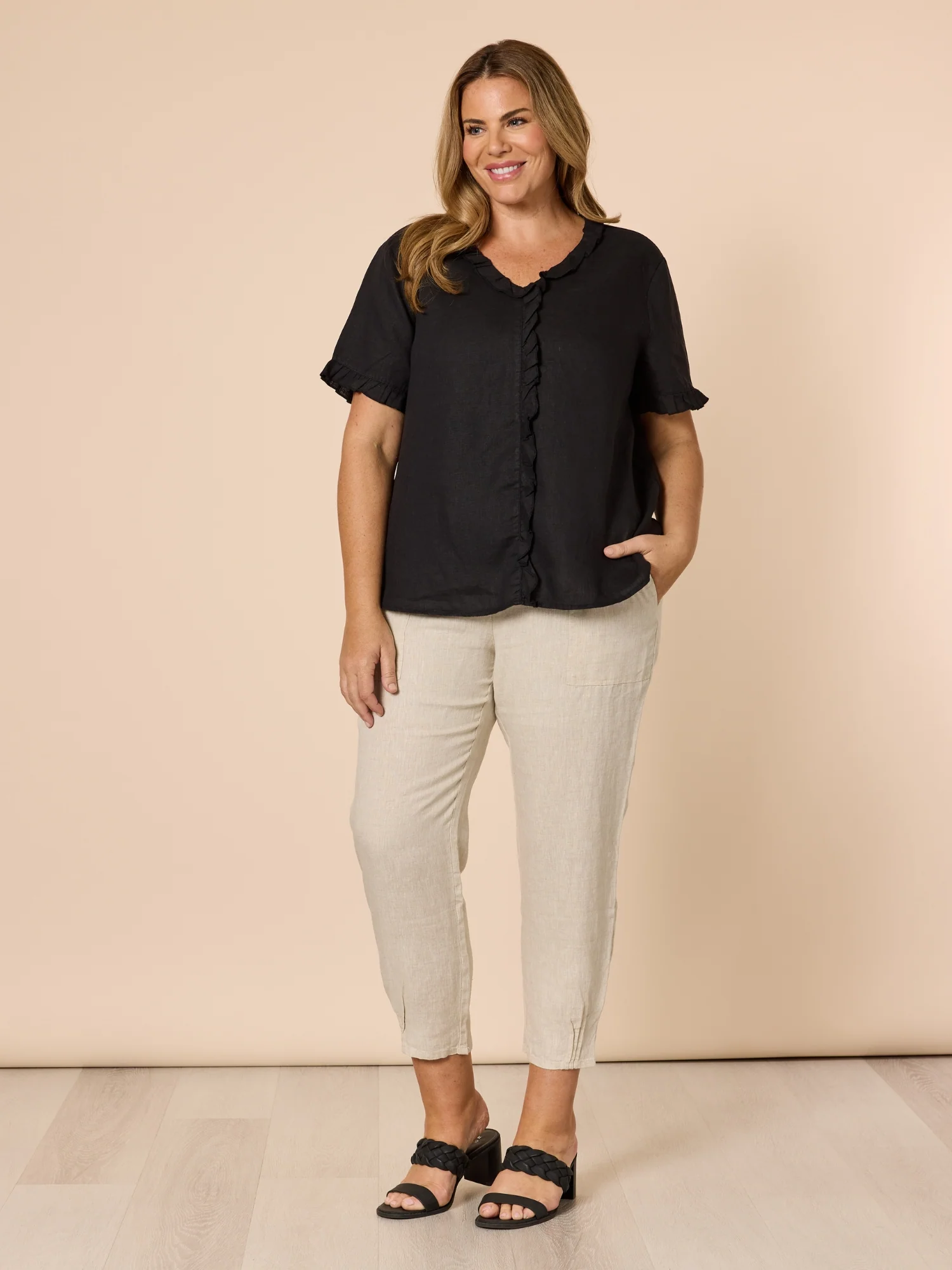 Tiffany Ruffle Linen Top - Black - Image 7