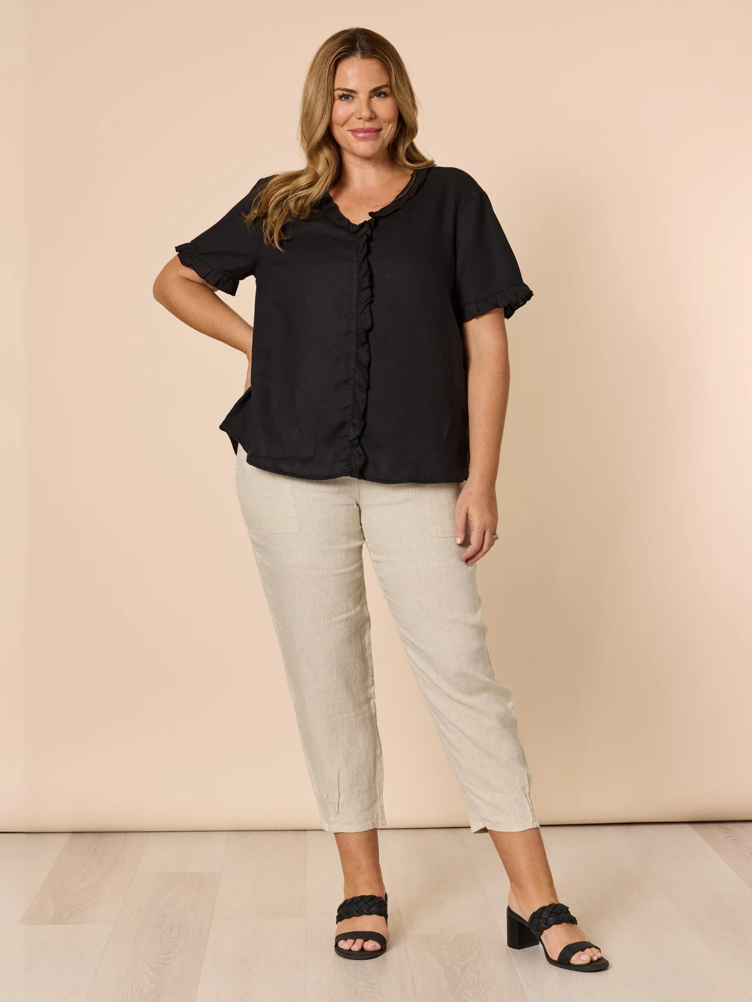 Tiffany Ruffle Linen Top - Black - Image 9