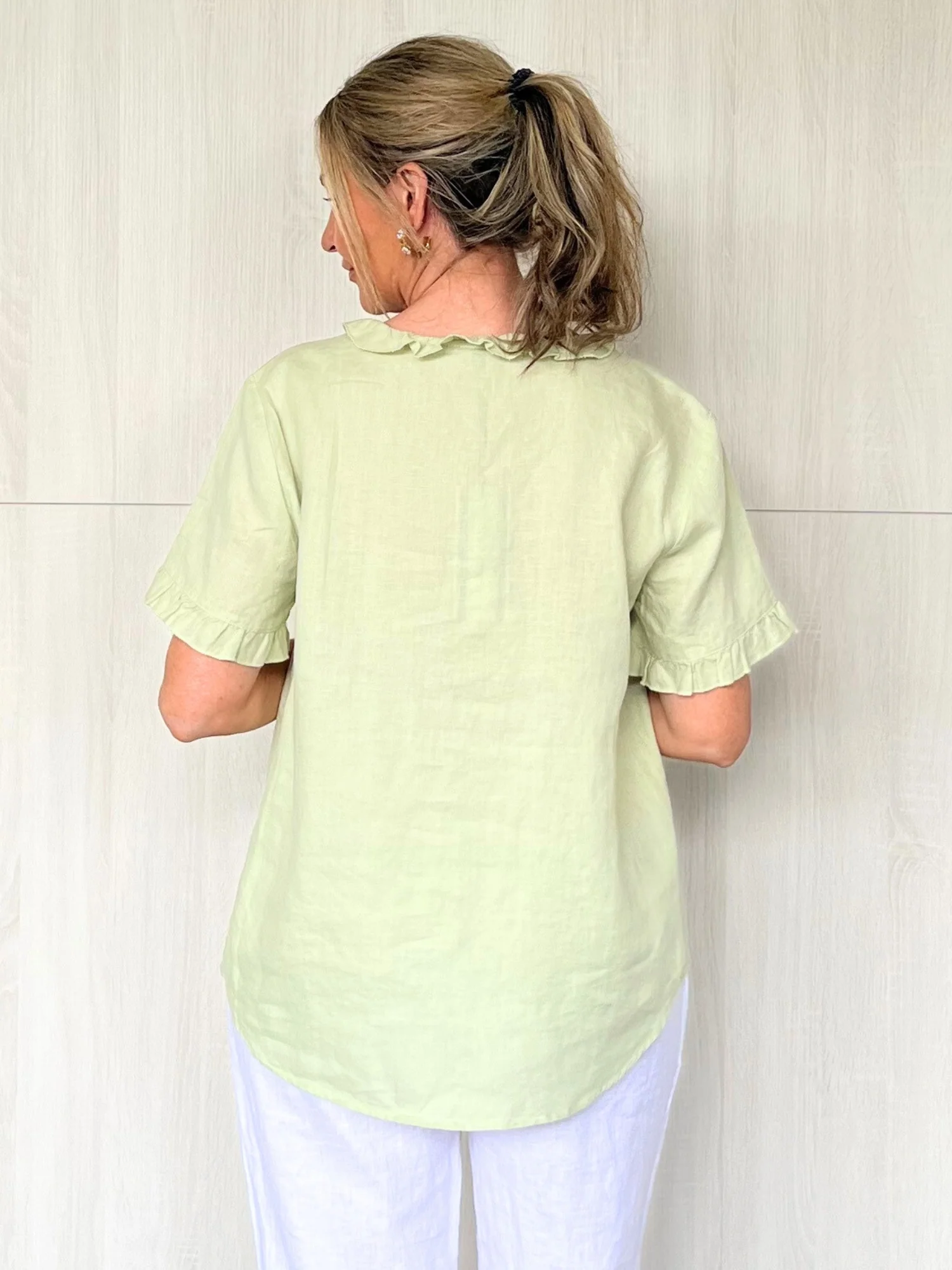 Tiffany Ruffle Linen Top - Celery - Image 3