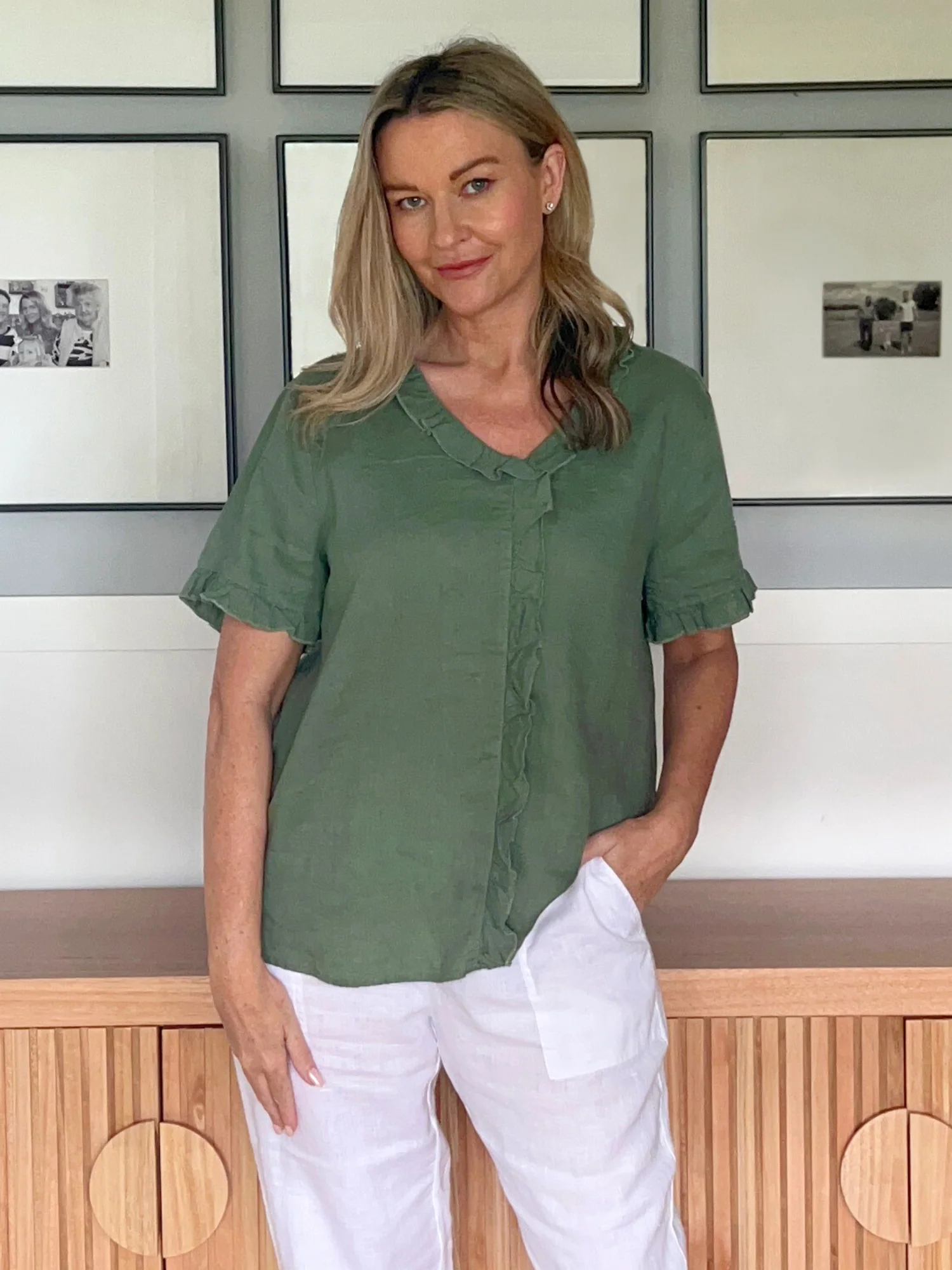 Tiffany Ruffle Linen Top - Khaki
