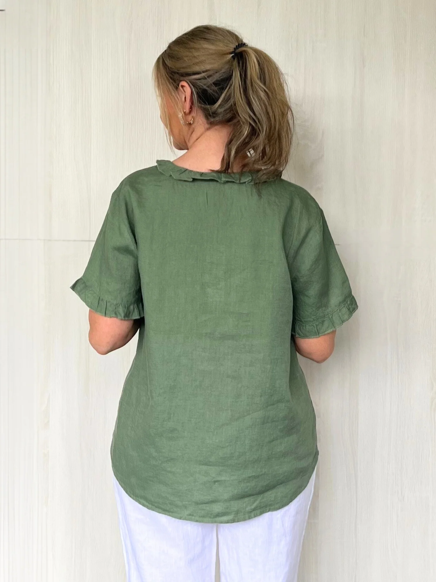 Tiffany Ruffle Linen Top - Khaki - Image 3
