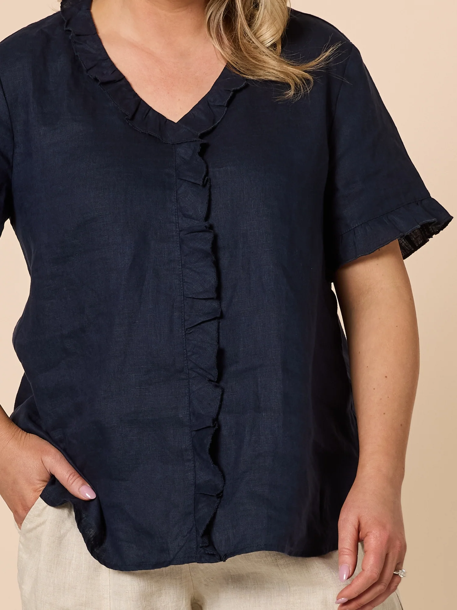 Tiffany Ruffle Linen Top - Navy - Image 11