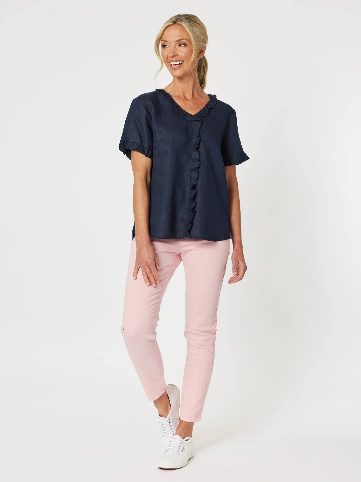 Tiffany Ruffle Linen Top - Navy - Image 4