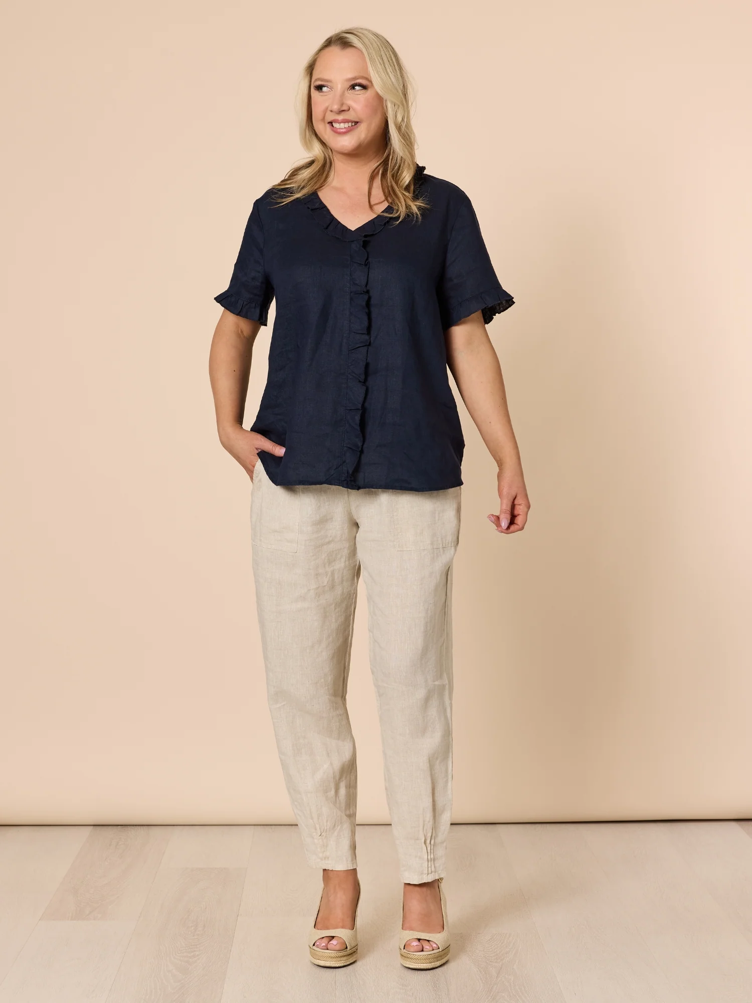 Tiffany Ruffle Linen Top - Navy - Image 5