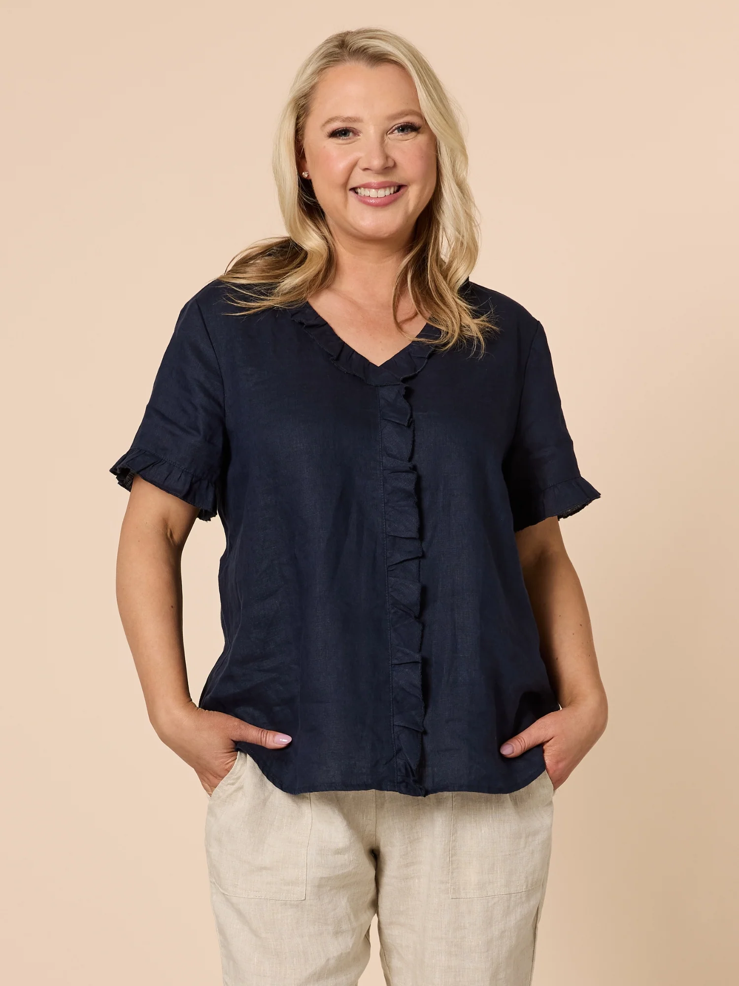 Tiffany Ruffle Linen Top - Navy - Image 8