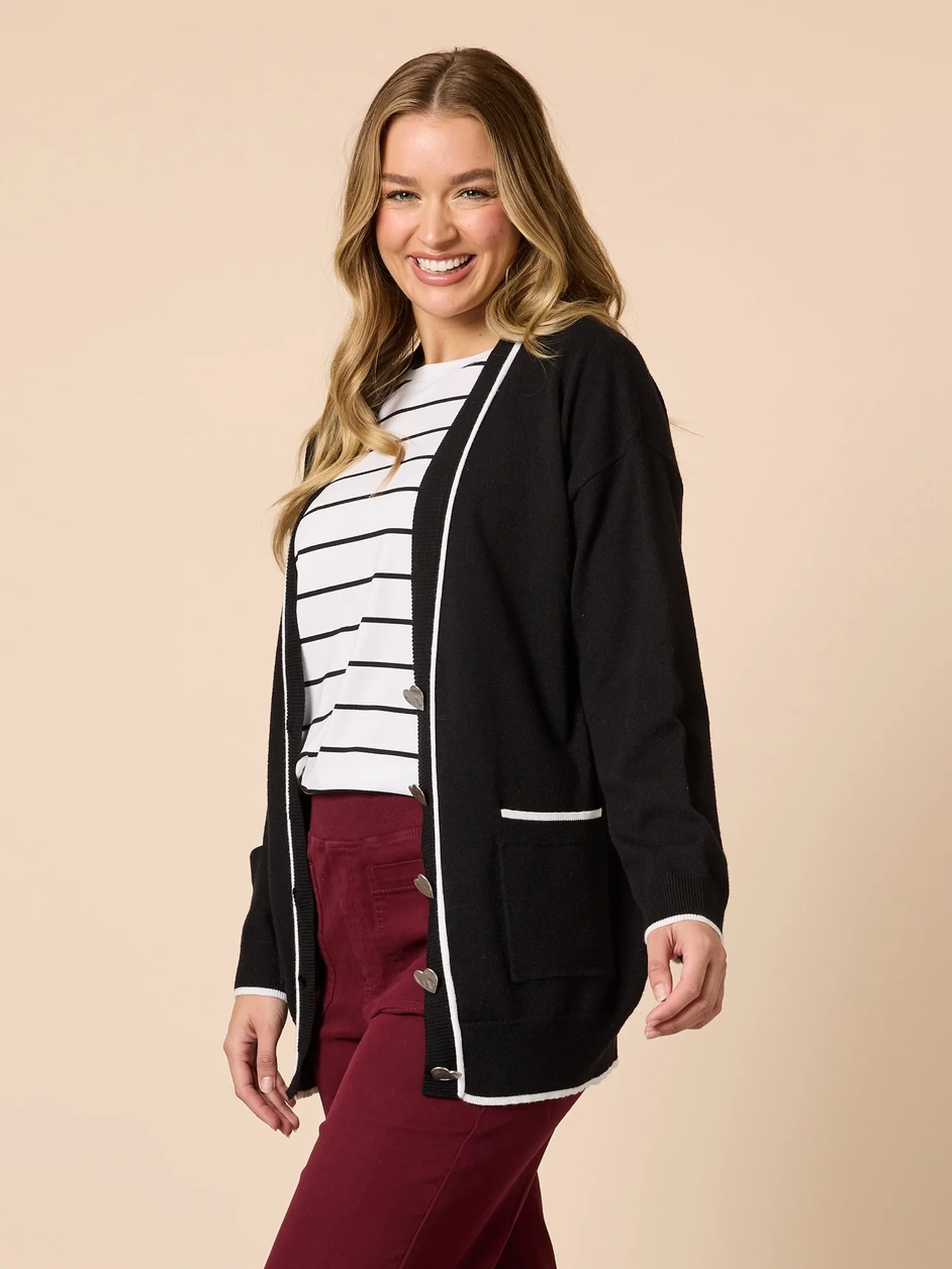 Slalom Heart Button Cardigan - Black - Image 3
