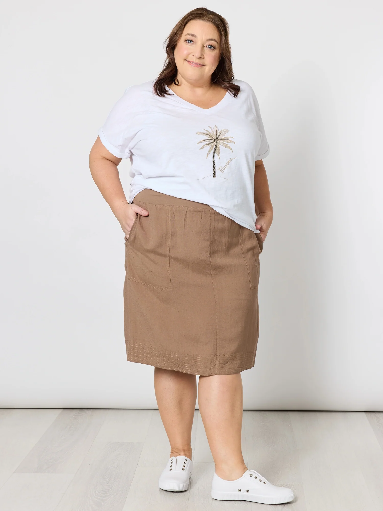 Lino Stitch Hem Detail Skirt - Nutmeg - Image 4
