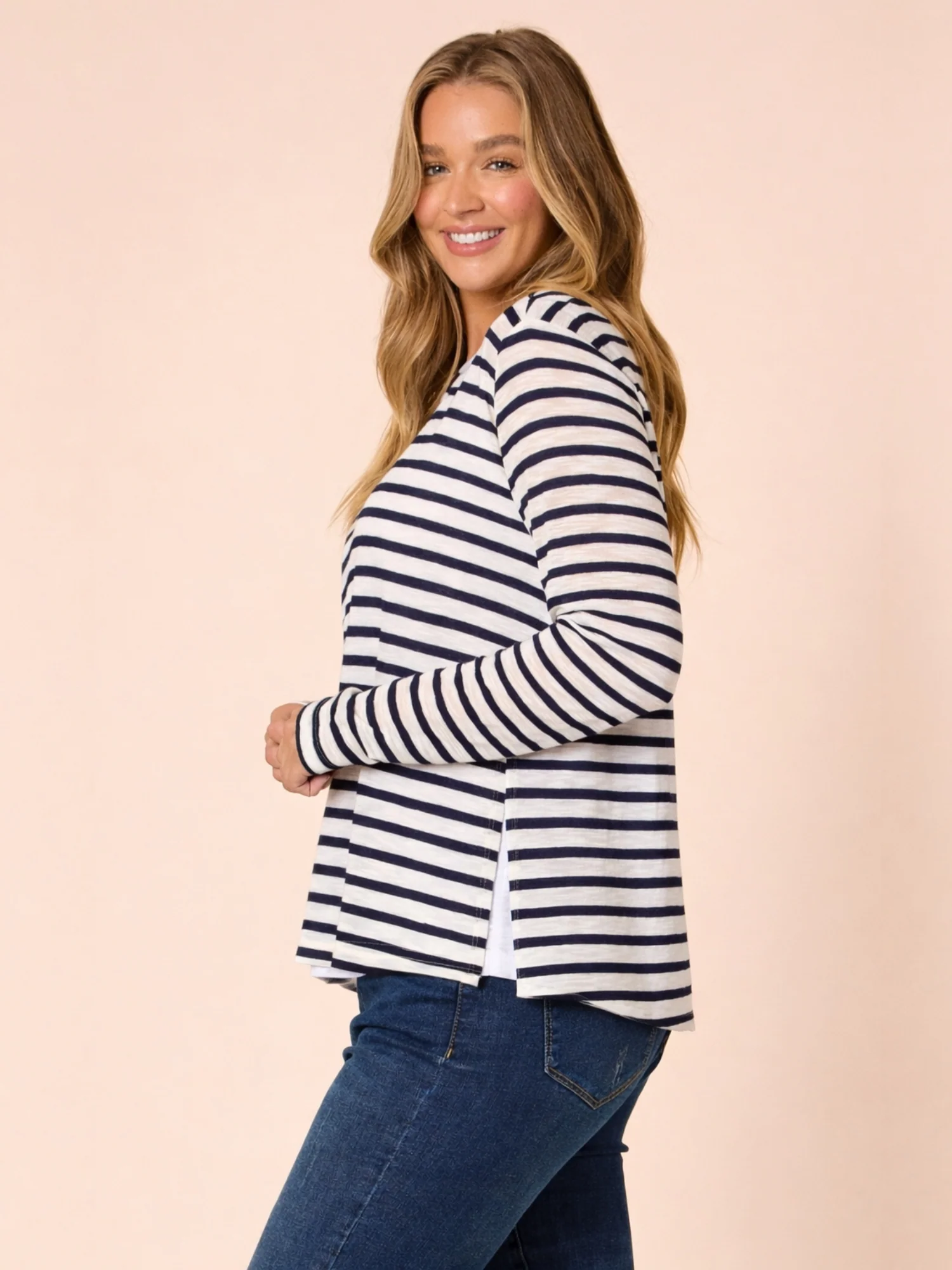 The Duo Stripe Print 2 in 1 Top - Navy/Ivory - Image 2