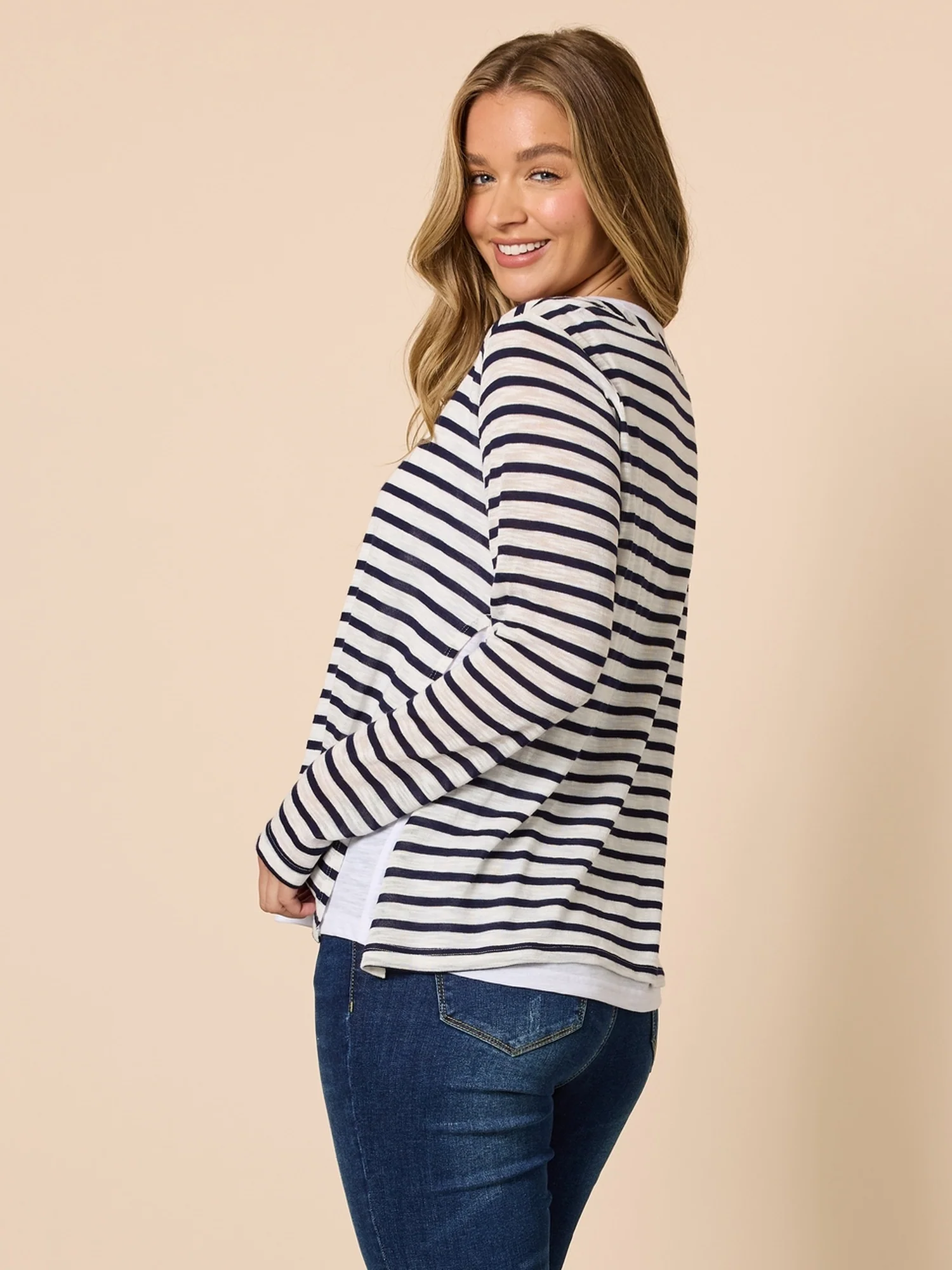 The Duo Stripe Print 2 in 1 Top - Navy/Ivory - Image 3