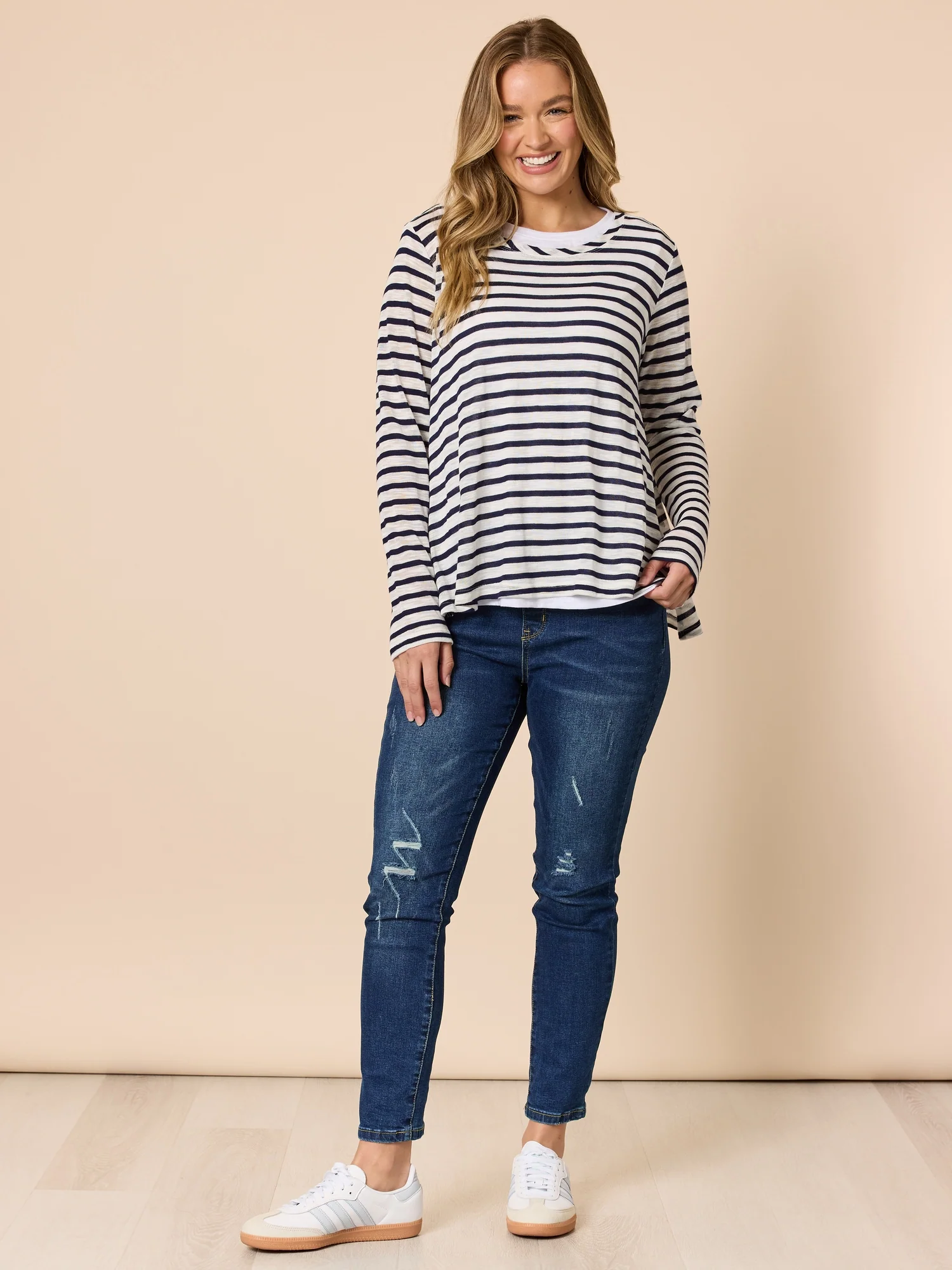 The Duo Stripe Print 2 in 1 Top - Navy/Ivory - Image 8