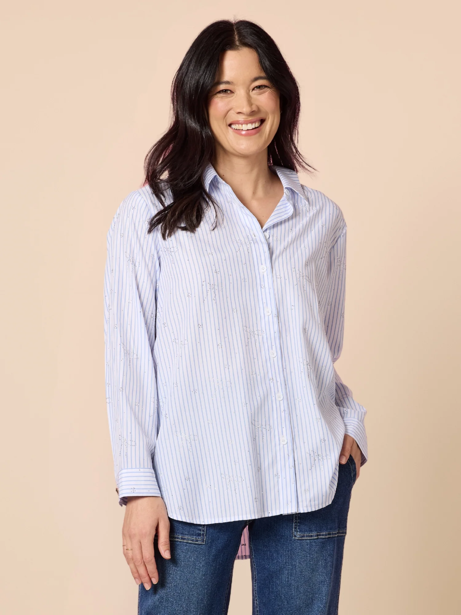 Tiffany Diamante Stripe Print Shirt - Blue/White - Image 3