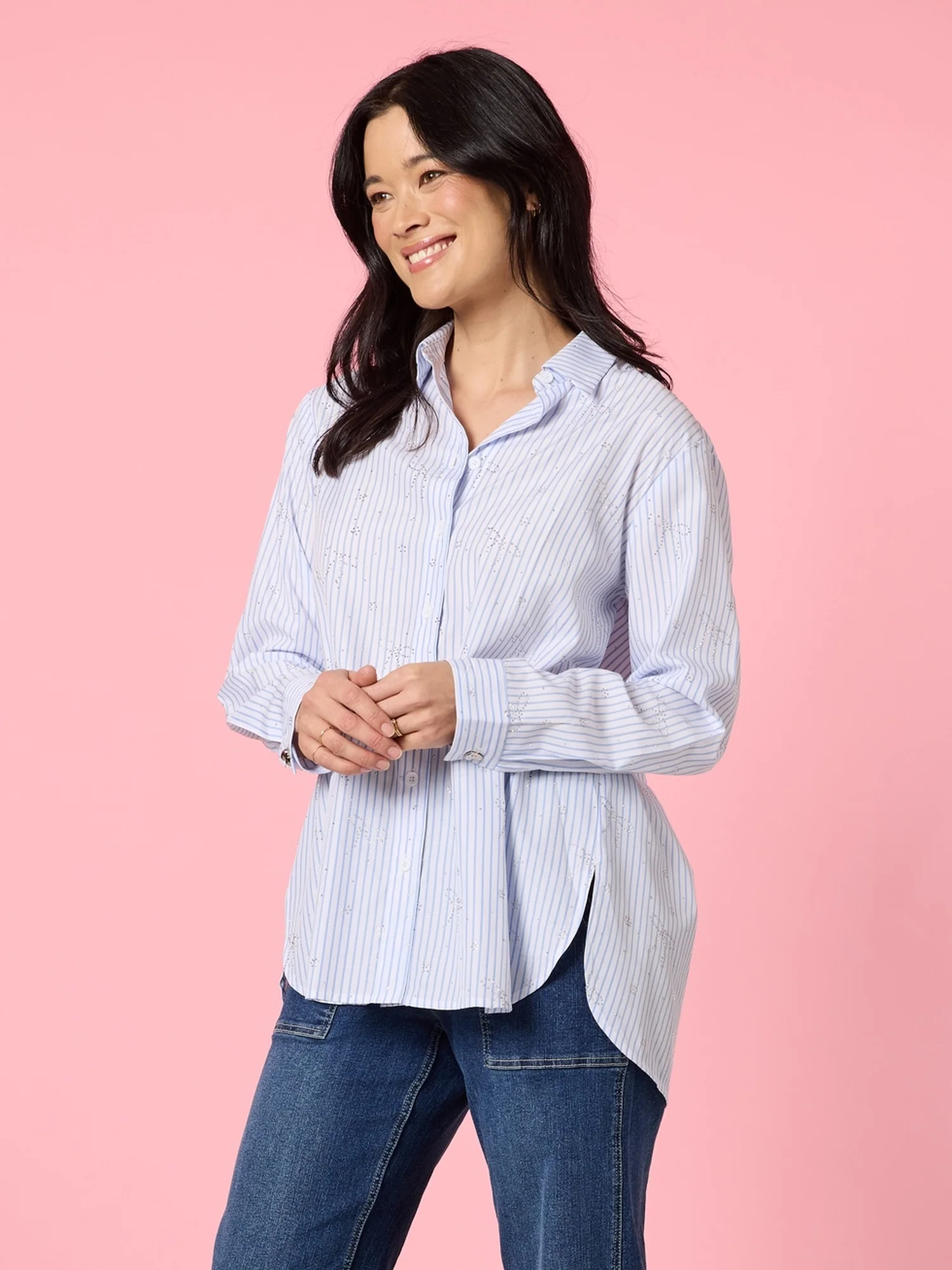 Tiffany Diamante Stripe Print Shirt - Blue/White - Image 6