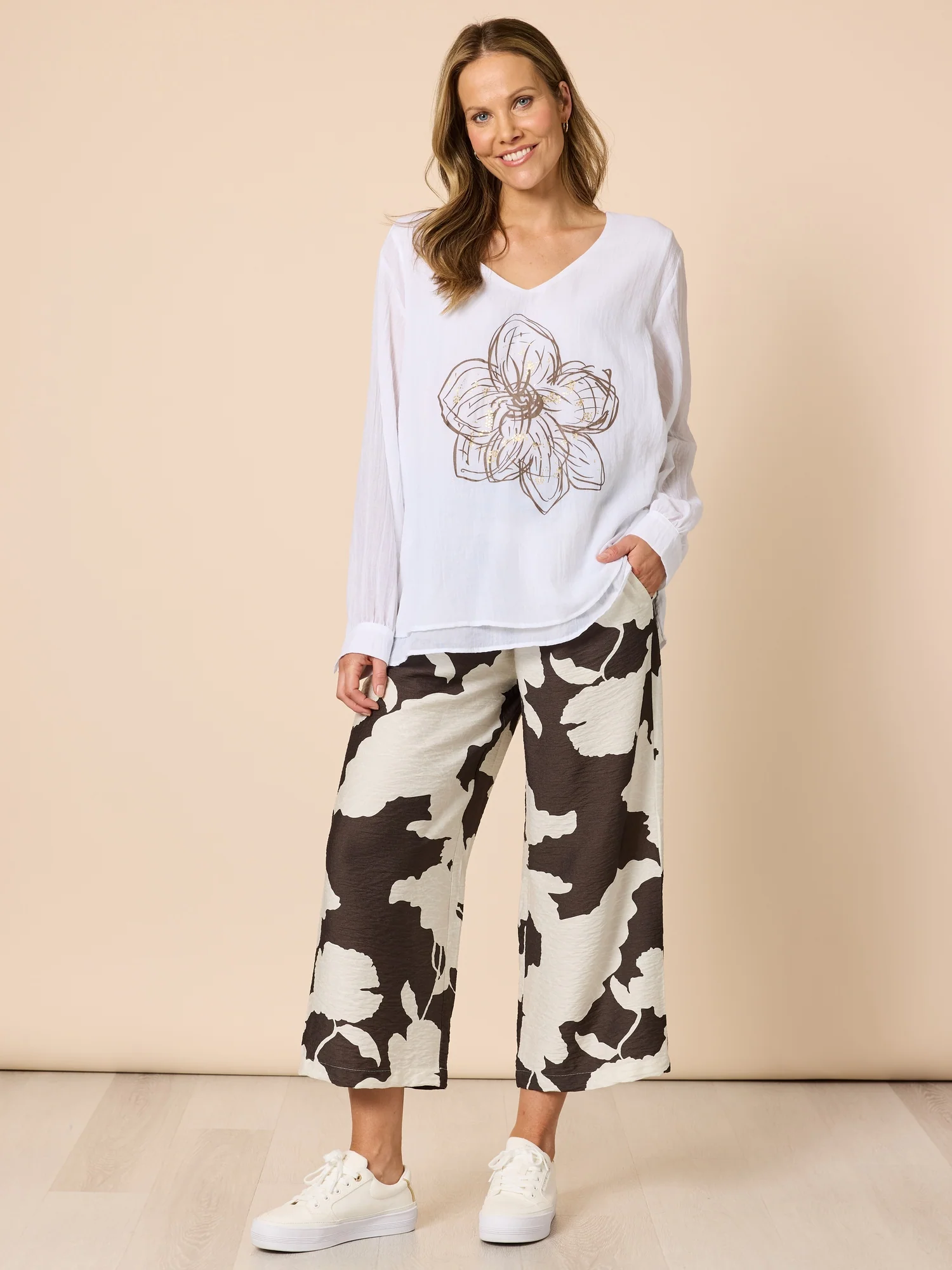 Toulouse Floral Print Wide Leg Pant - Coffee Ivory - Image 2