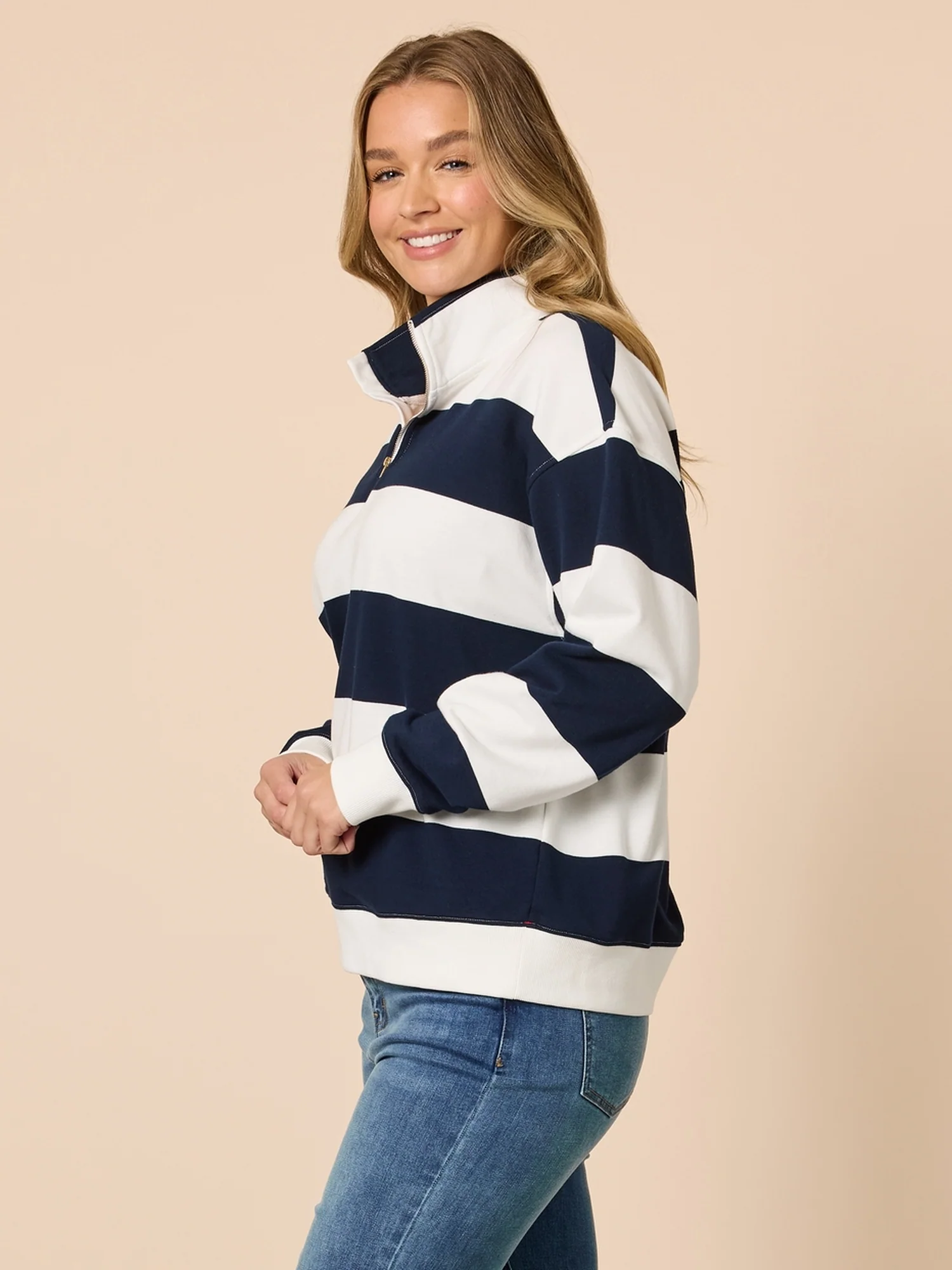 Varsity Stripe Print Zip Sweatshirt - Navy/Ivory - Image 3
