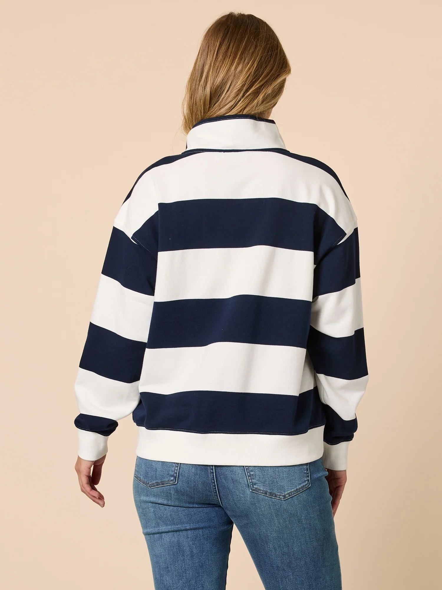 Varsity Stripe Print Zip Sweatshirt - Navy/Ivory - Image 4