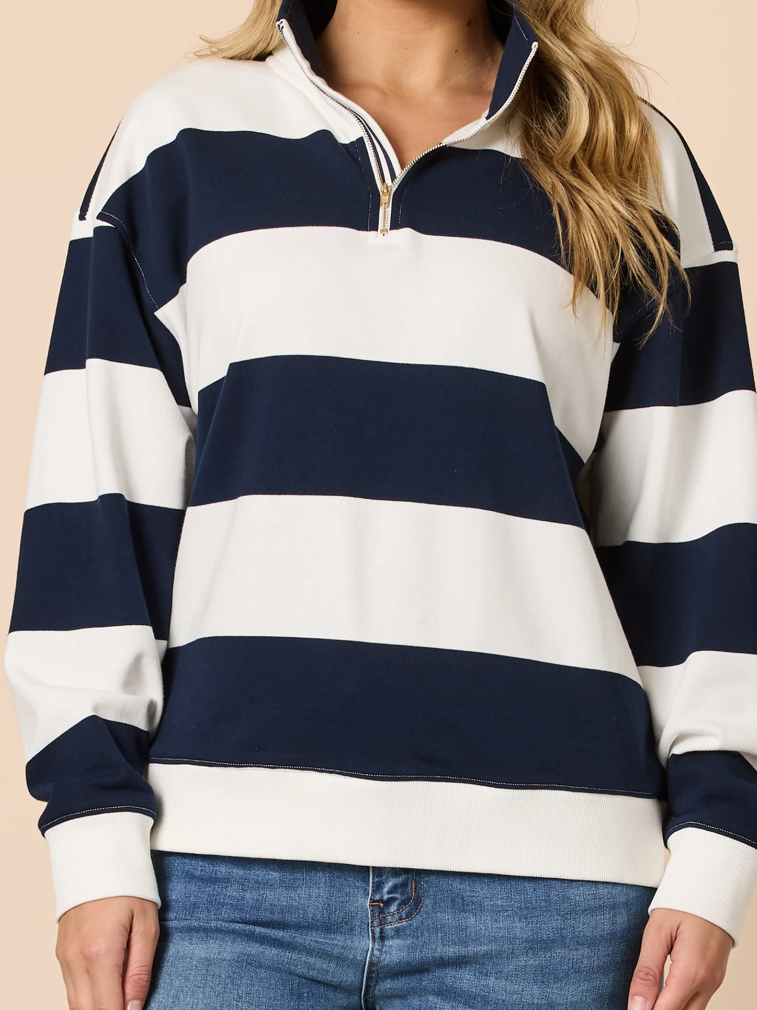 Varsity Stripe Print Zip Sweatshirt - Navy/Ivory - Image 5