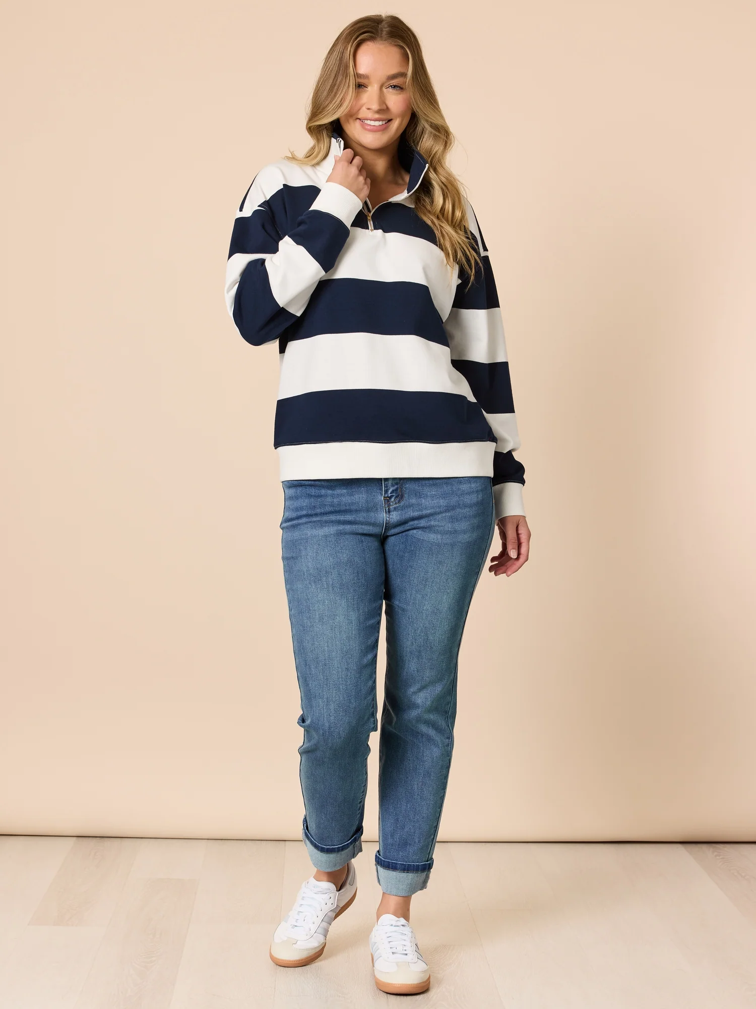Varsity Stripe Print Zip Sweatshirt - Navy/Ivory - Image 6