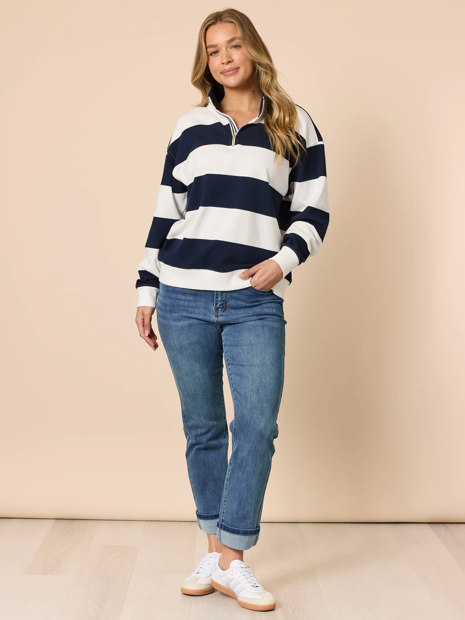 Varsity Stripe Print Zip Sweatshirt - Navy/Ivory - Image 7