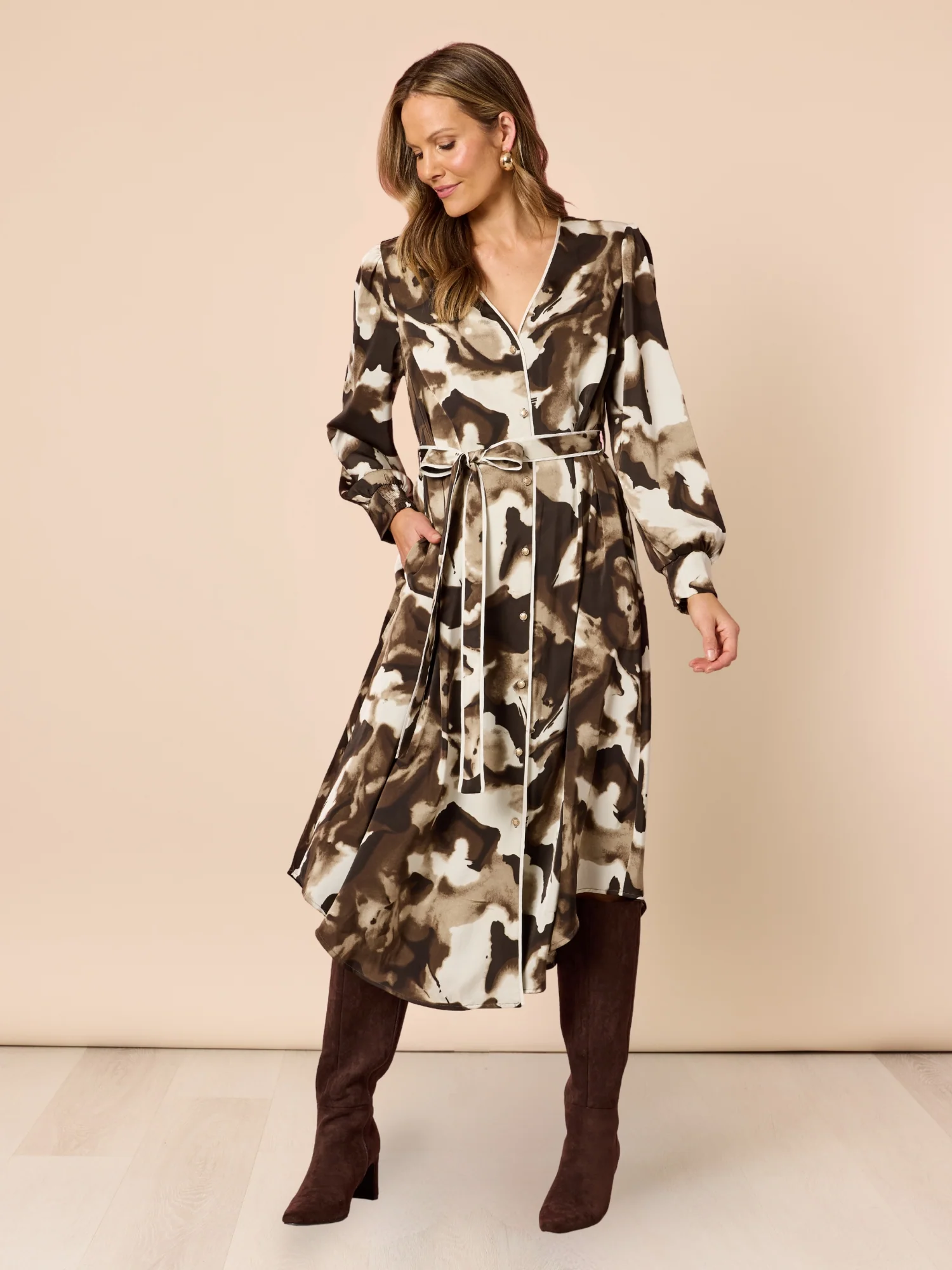 Venice Print Button Though Dress - Espresso Multi - Image 2