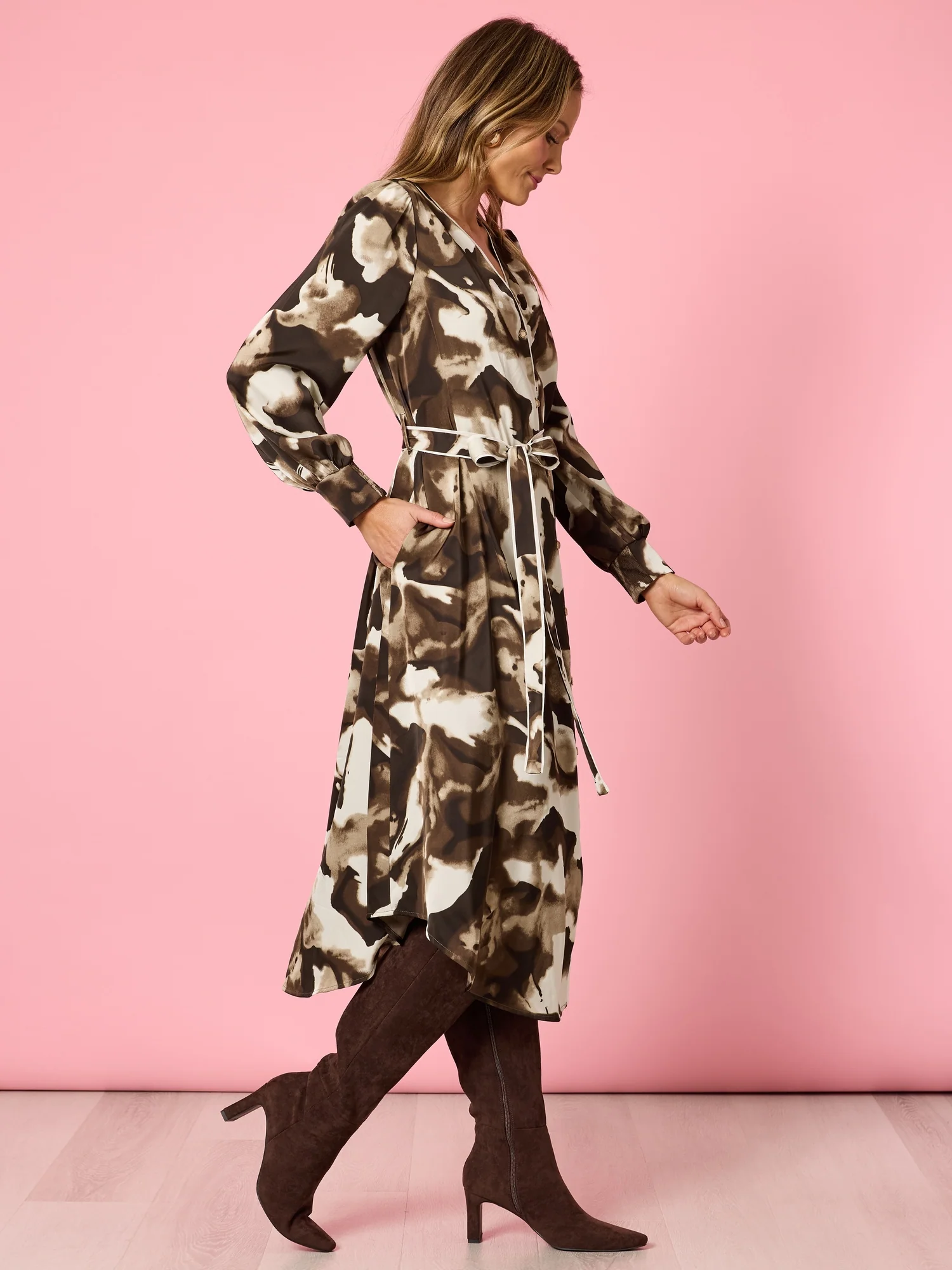 Venice Print Button Though Dress - Espresso Multi - Image 3
