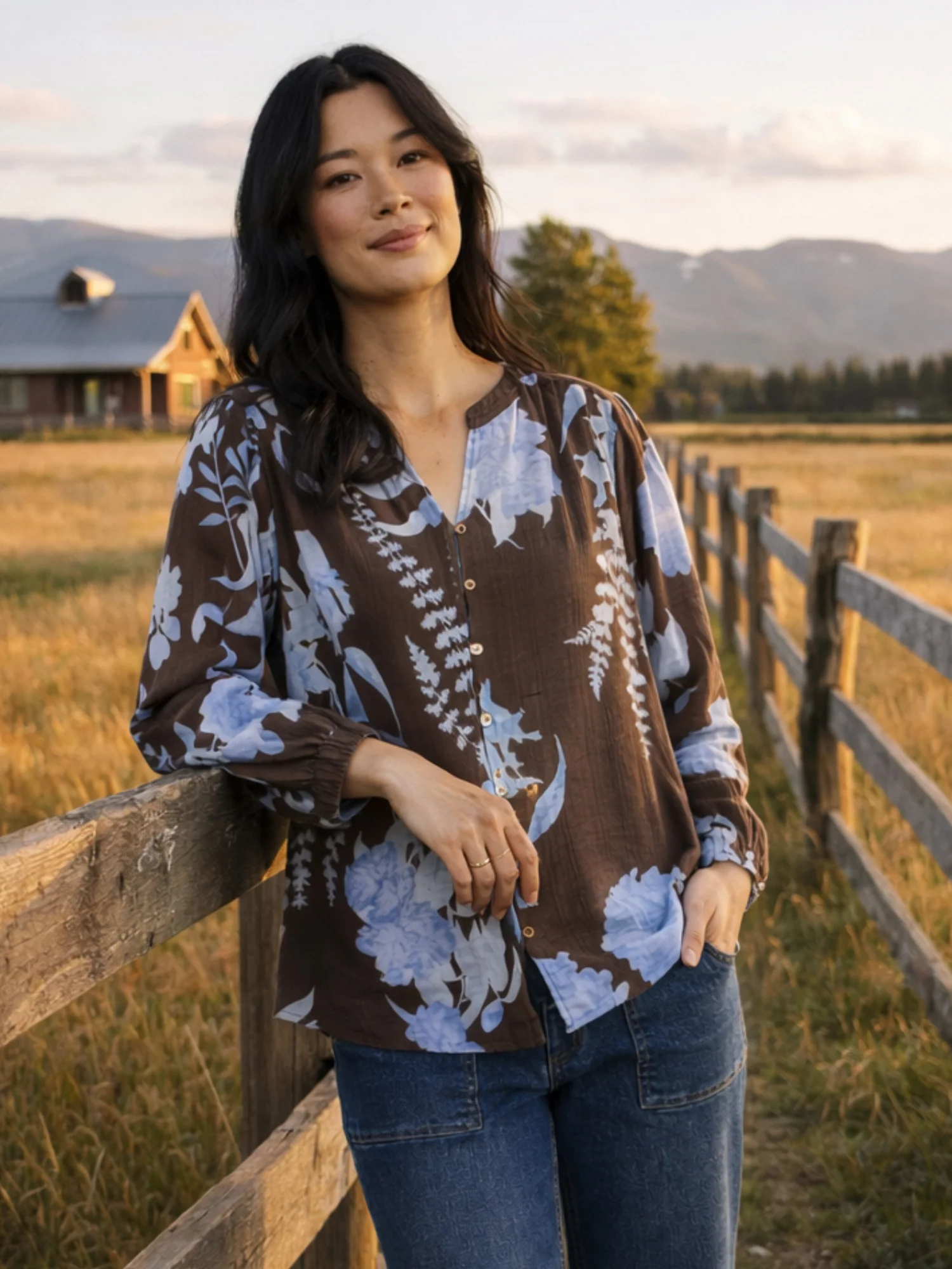 Vermont Floral Print Sheer Top - Coffee Blue