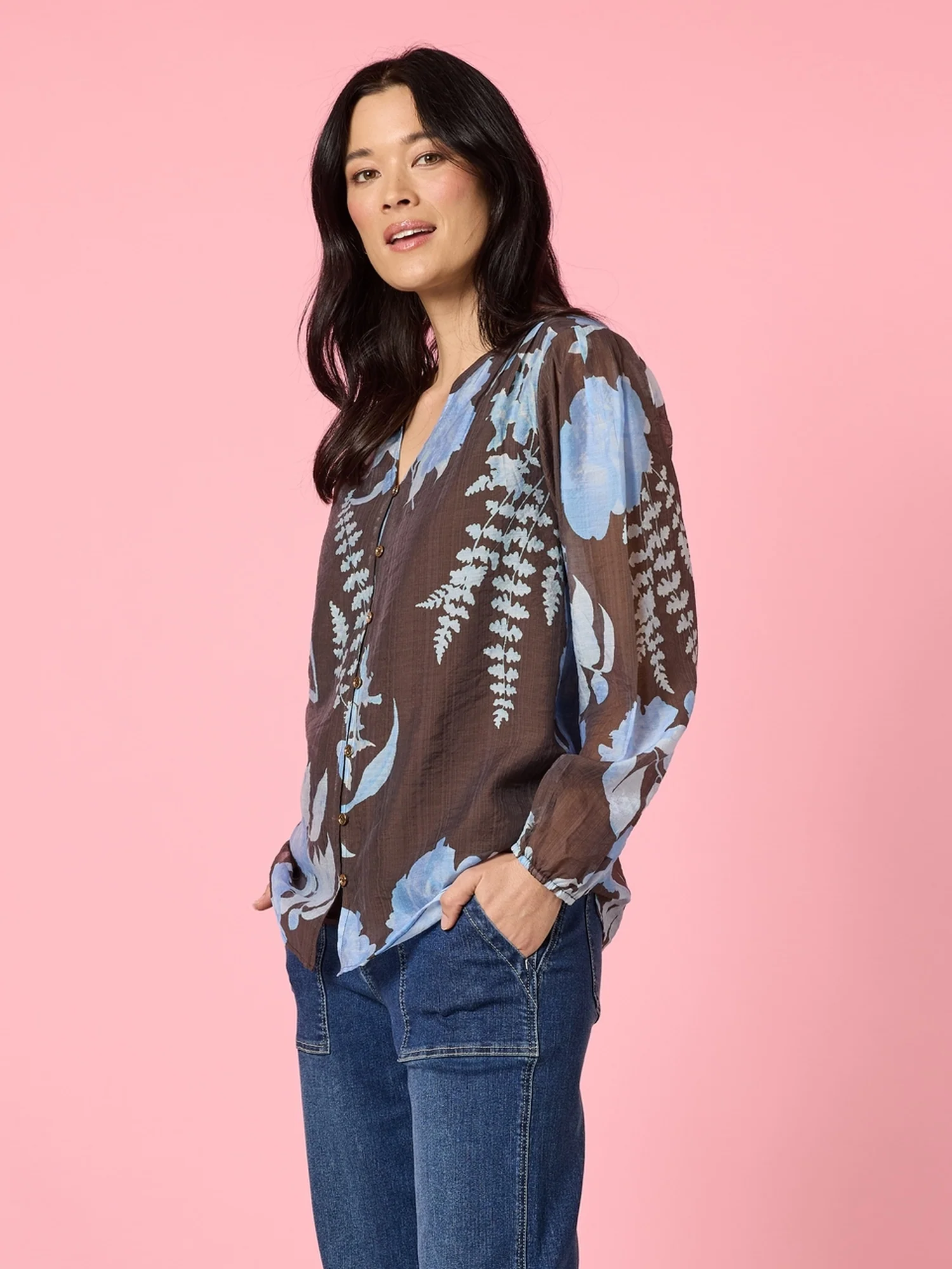 Vermont Floral Print Sheer Top - Coffee Blue - Image 5