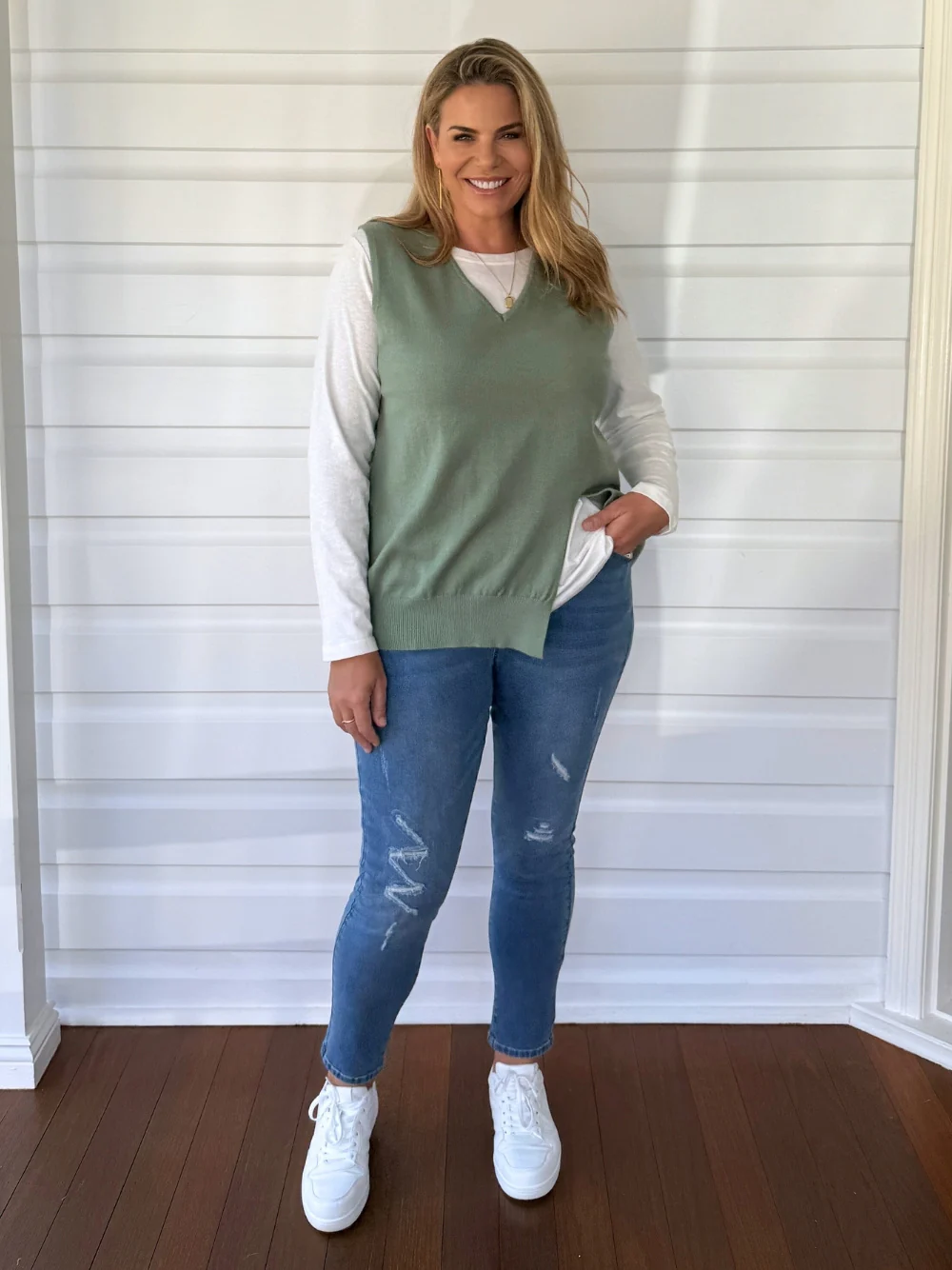 Vicky Side Split Knit Vest - Khaki - Image 2