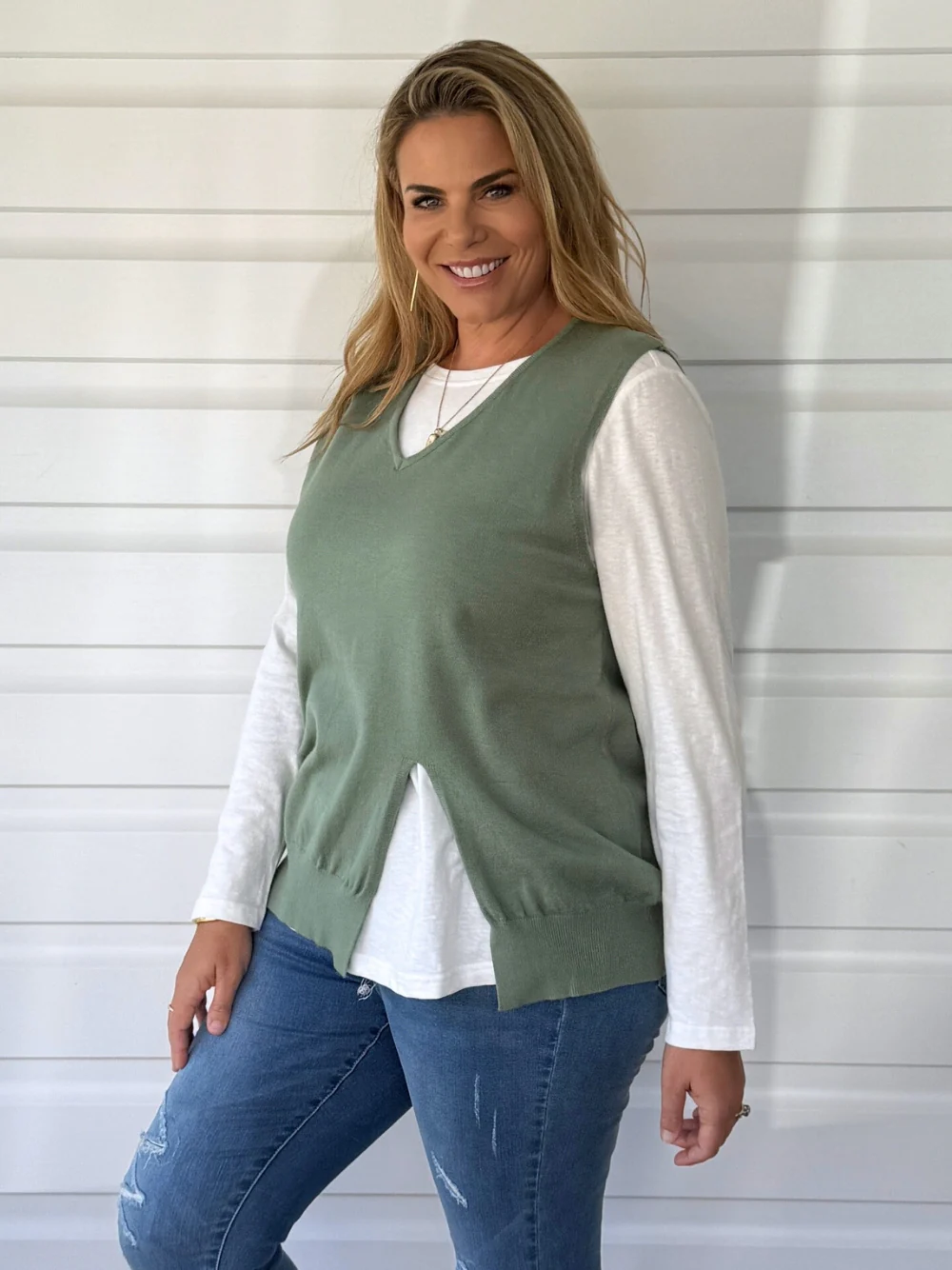 Vicky Side Split Knit Vest - Khaki - Image 5