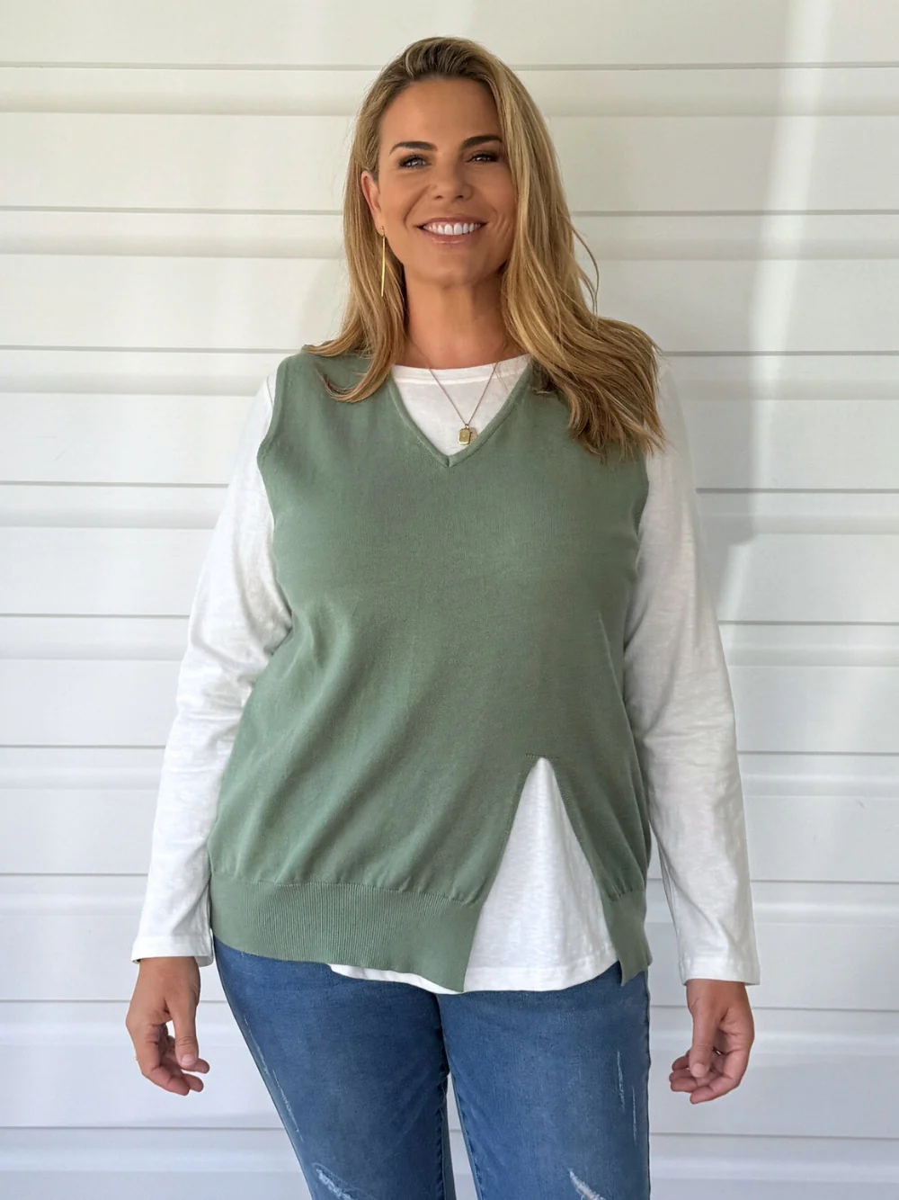 Vicky Side Split Knit Vest - Khaki - Image 6